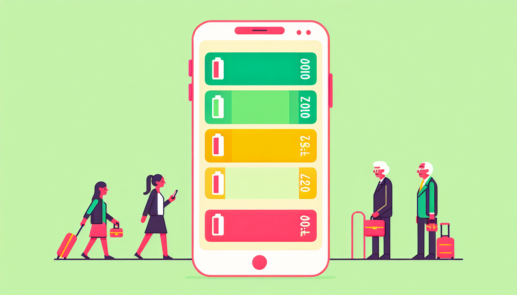 나이가 들수록 소진되는 인적 자본을 스마트폰 배터리로 표현한 일러스트