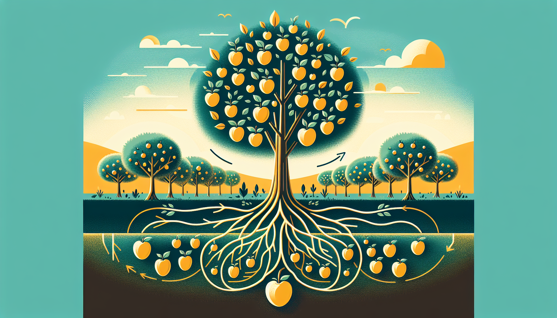 원금은 유지하면서 수익만으로 생활하는 재무적 자유를 과수원으로 표현한 일러스트