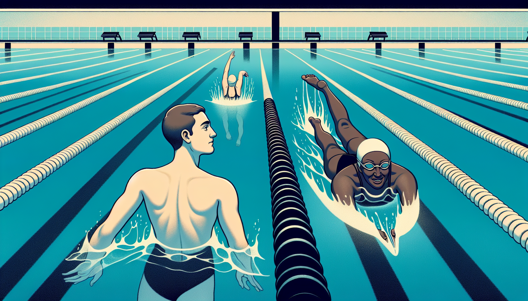 젊을 때 투자를 시작하는 것의 중요성을 수영 비유로 표현한 일러스트