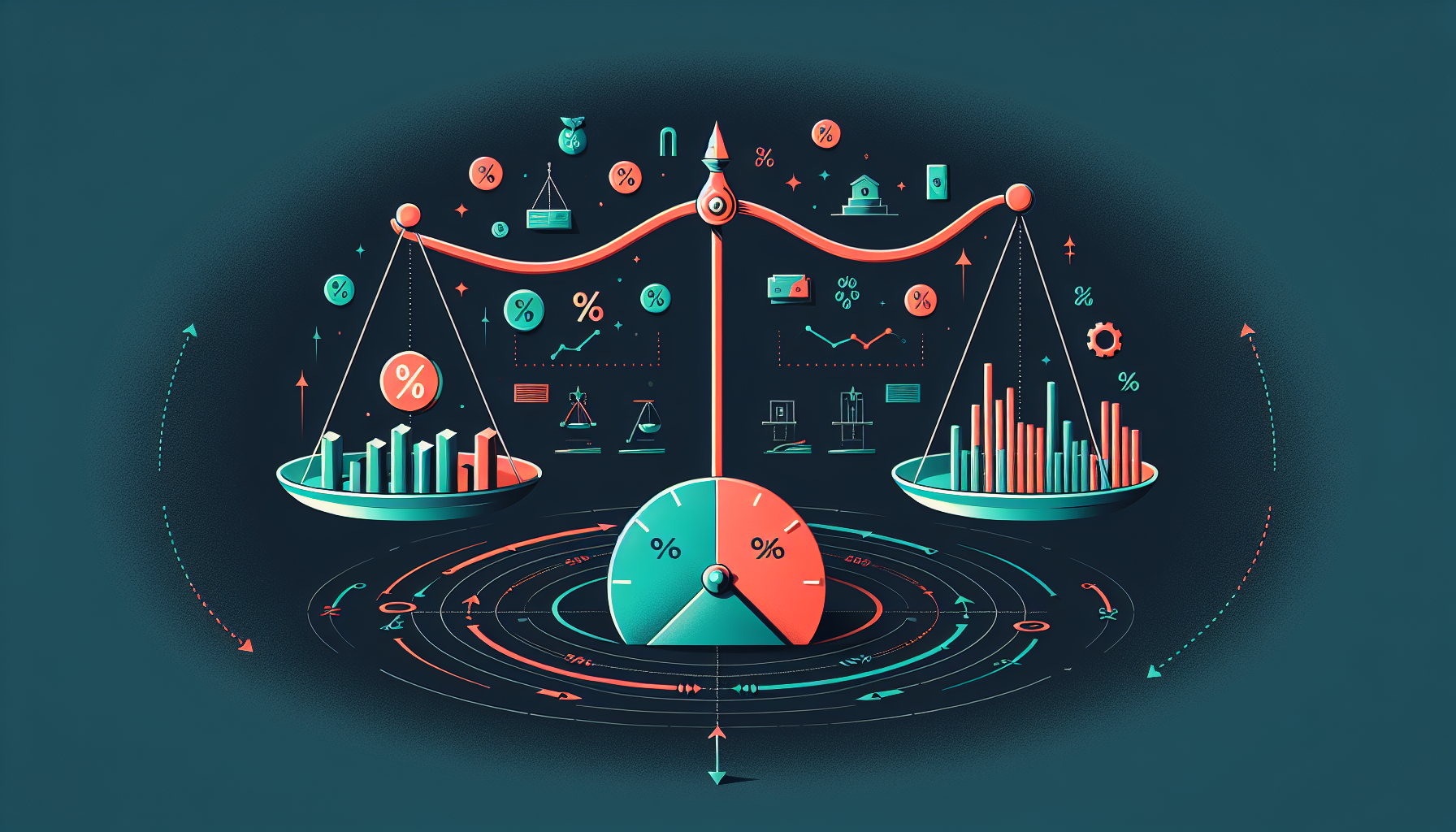 금리 인하 시 채권, 주식, 부동산 등 자산별 가격 변동 방향을 보여주는 시소 일러스트