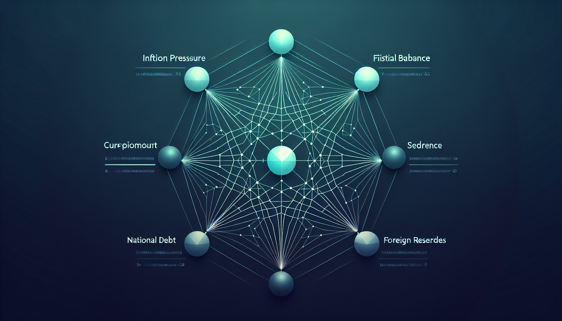 물가, 경상수지, 재정수지, 국가부채, 외환보유액 등 매크로 위험지수 구성 요소를 나타낸 레이더 차트 일러스트