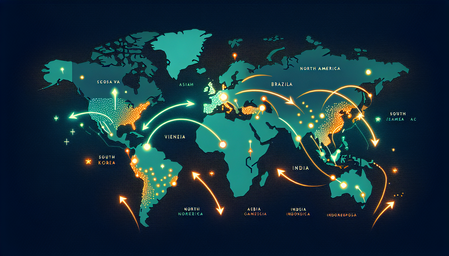 미국 주식 비중 축소와 한국, 베트남, 브라질, 인도, 인도네시아 등 이머징 마켓 비중 확대 전략을 나타낸 세계 지도 일러스트