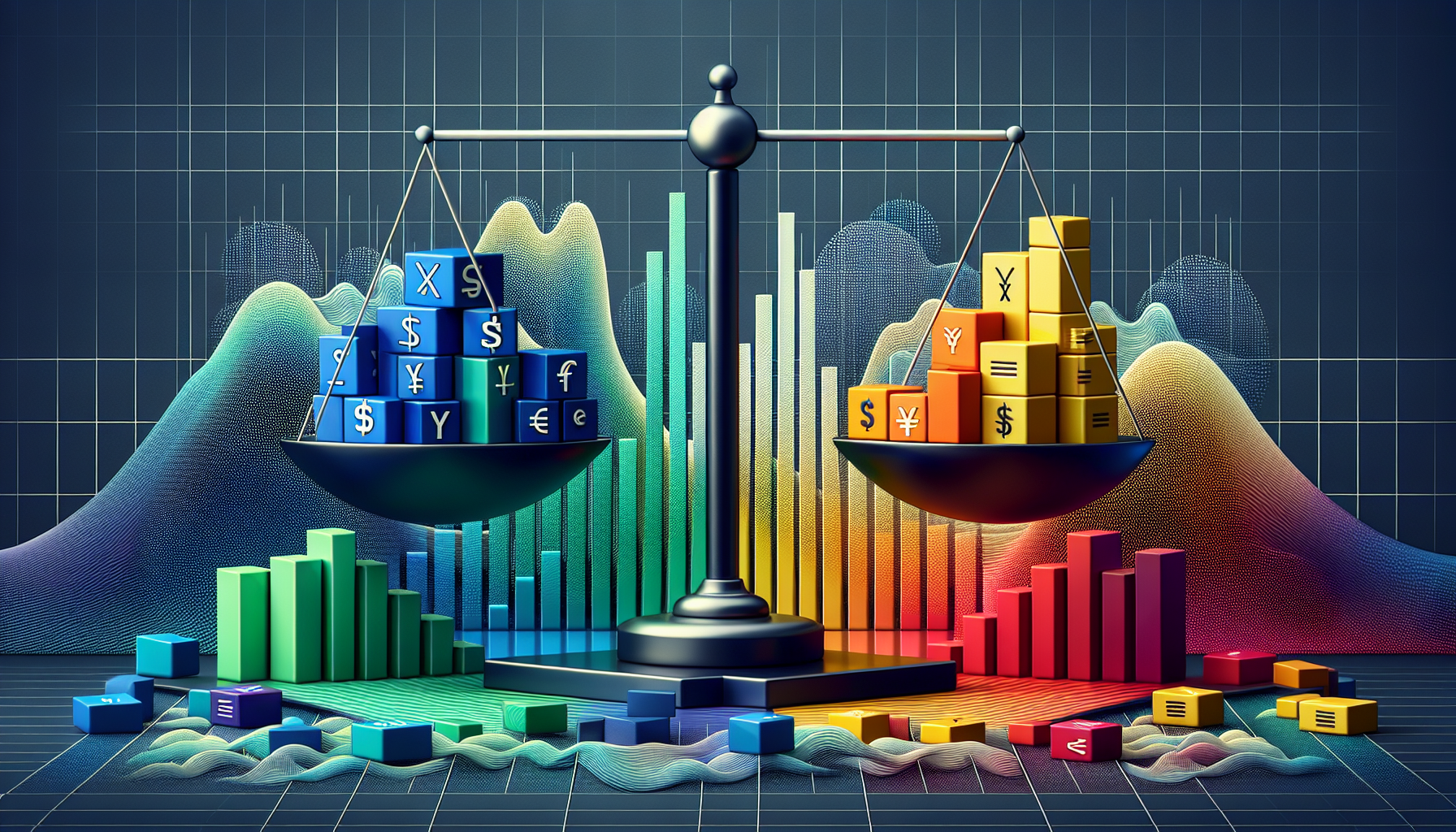 주식, 채권, 금, 다양한 통화로 분산된 포트폴리오가 변동성 장세에서 안정성을 유지하는 모습을 나타낸 분산투자 원칙 일러스트