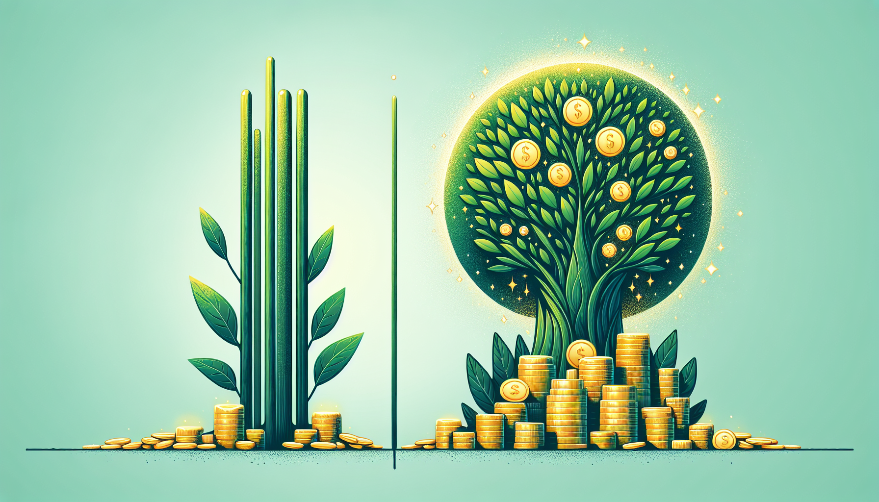 단리와 복리의 차이를 식물 성장으로 표현한 복리 효과 일러스트