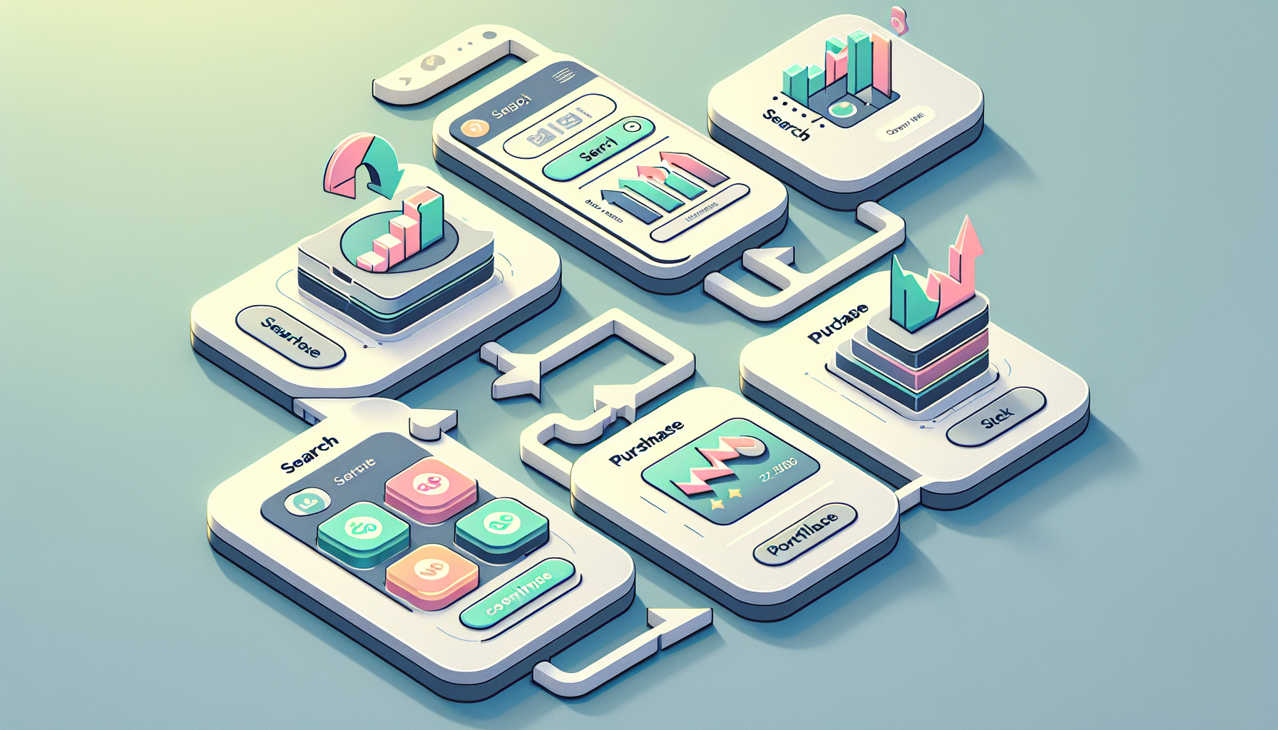 ETF 투자 실전 단계별 가이드를 스마트폰 앱으로 표현한 일러스트