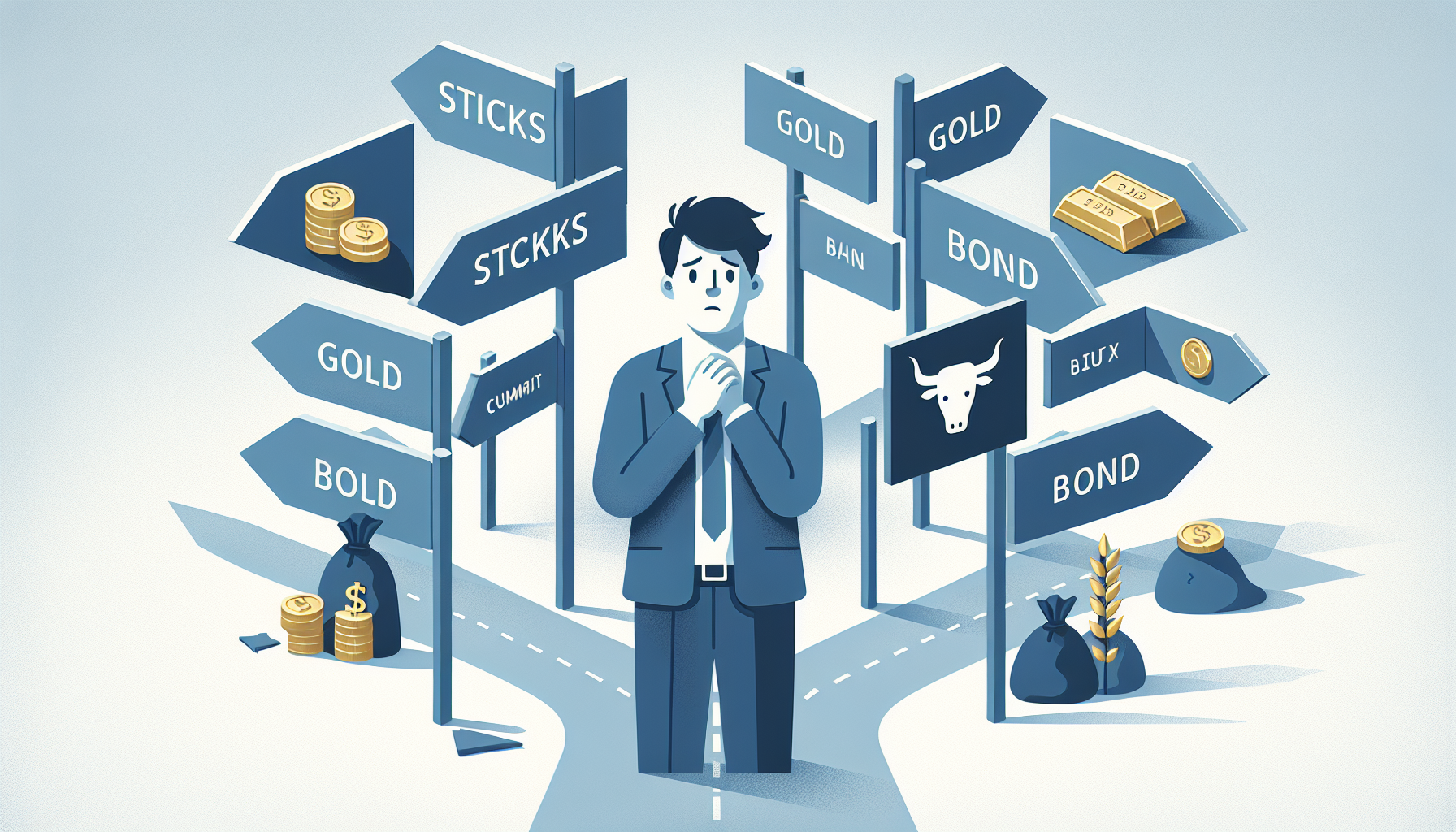 투자 종목 선택의 어려움을 표현한 갈림길 일러스트