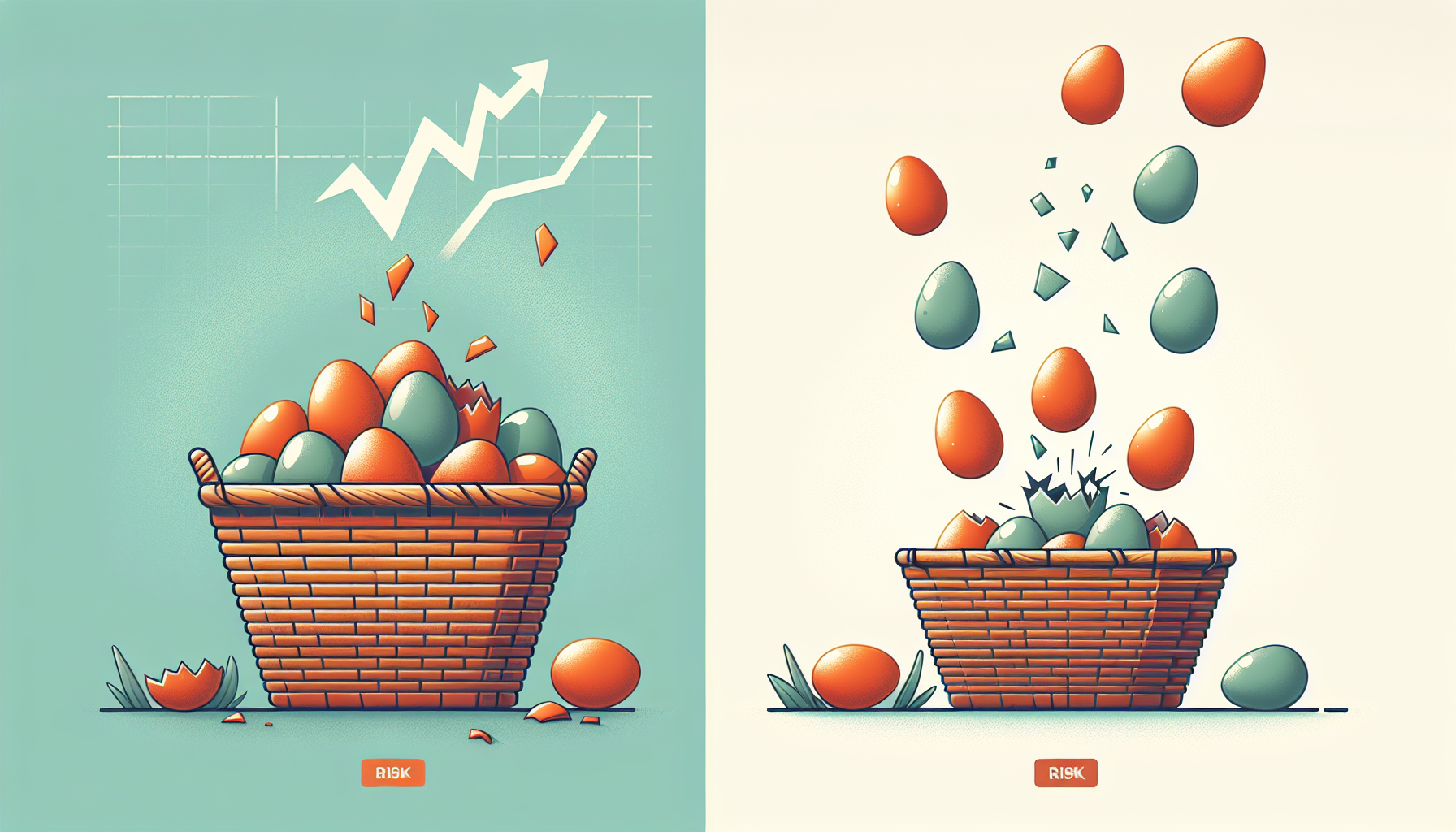 자산 집중 투자의 위험성과 분산 투자의 안전성을 비교한 바구니 일러스트