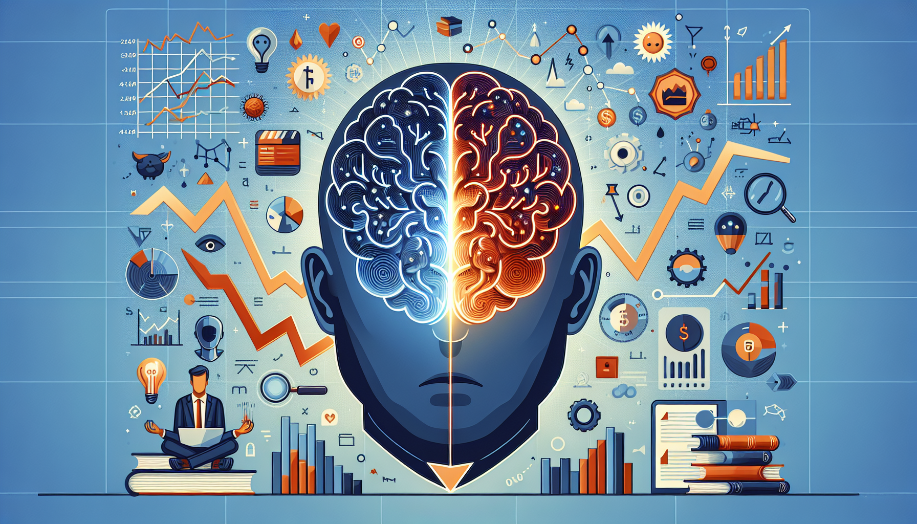 주식 투자 실패의 원인인 인지 편향과 감정적 판단을 뇌 구조로 표현한 일러스트