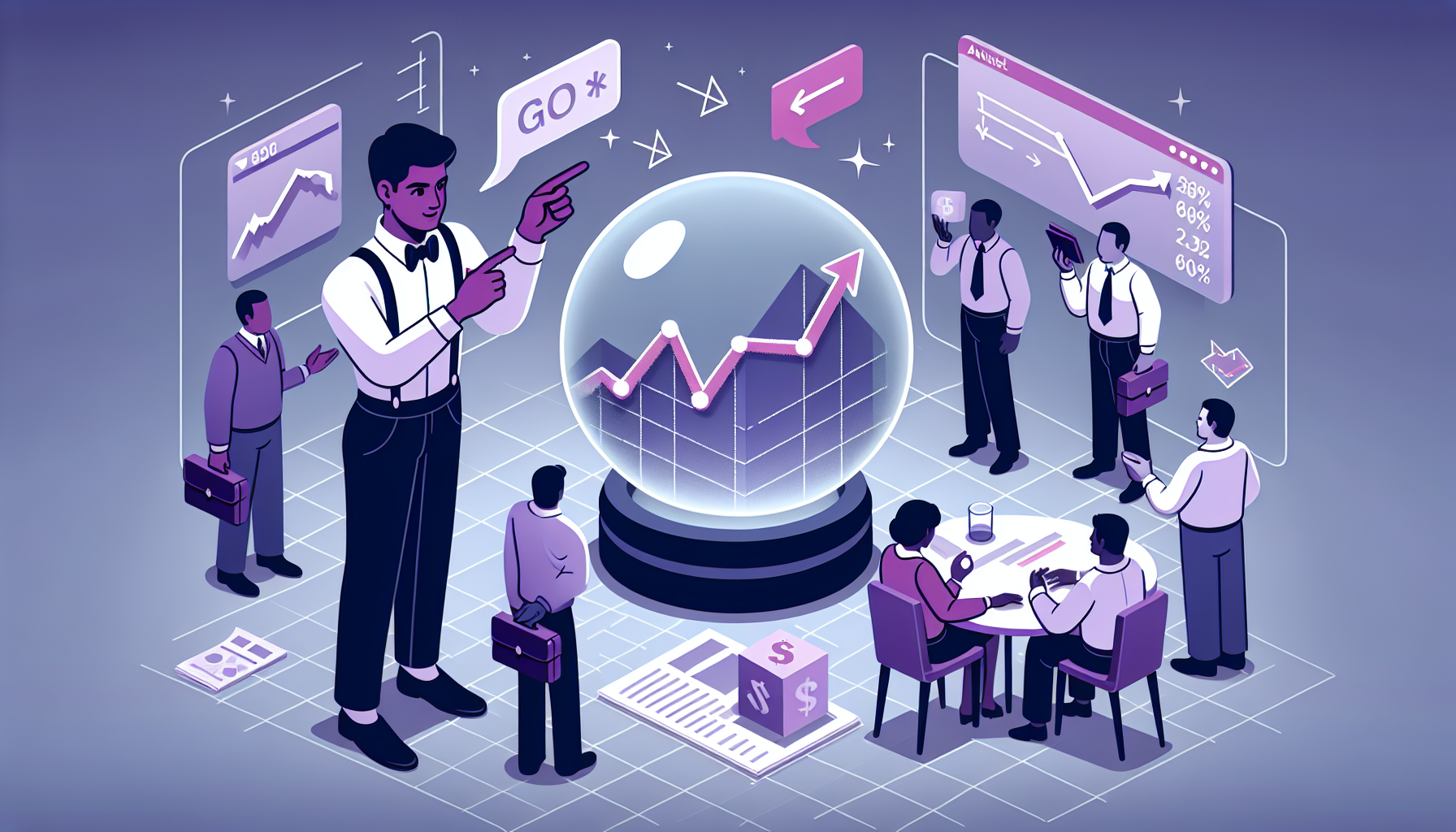 주식 시장 미래 예측 불가능성과 망상 편향을 표현한 일러스트