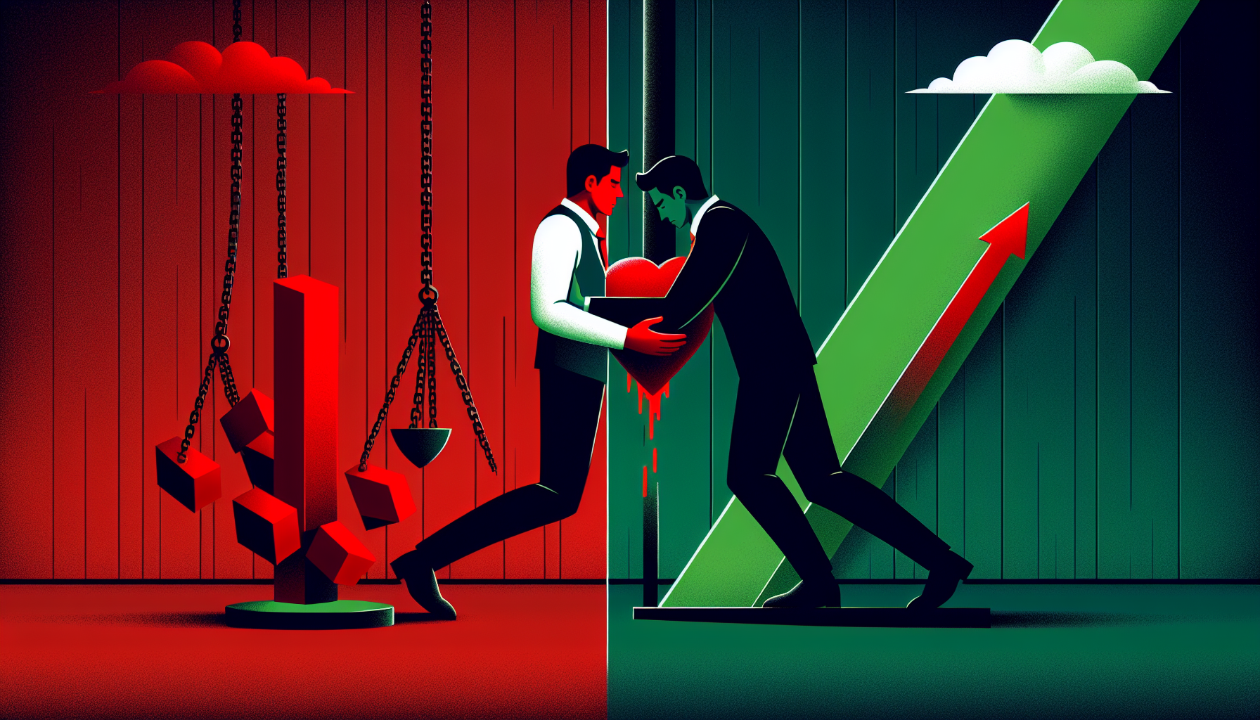 손실 회피 편향과 처분 효과 편향으로 손실은 버티고 수익은 빨리 파는 투자 심리 일러스트