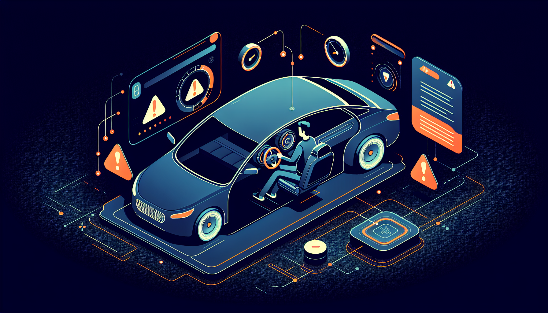 계기판 없는 자동차를 운전하는 사람 - AI 시스템 감에 의존하는 위험성 비유 일러스트