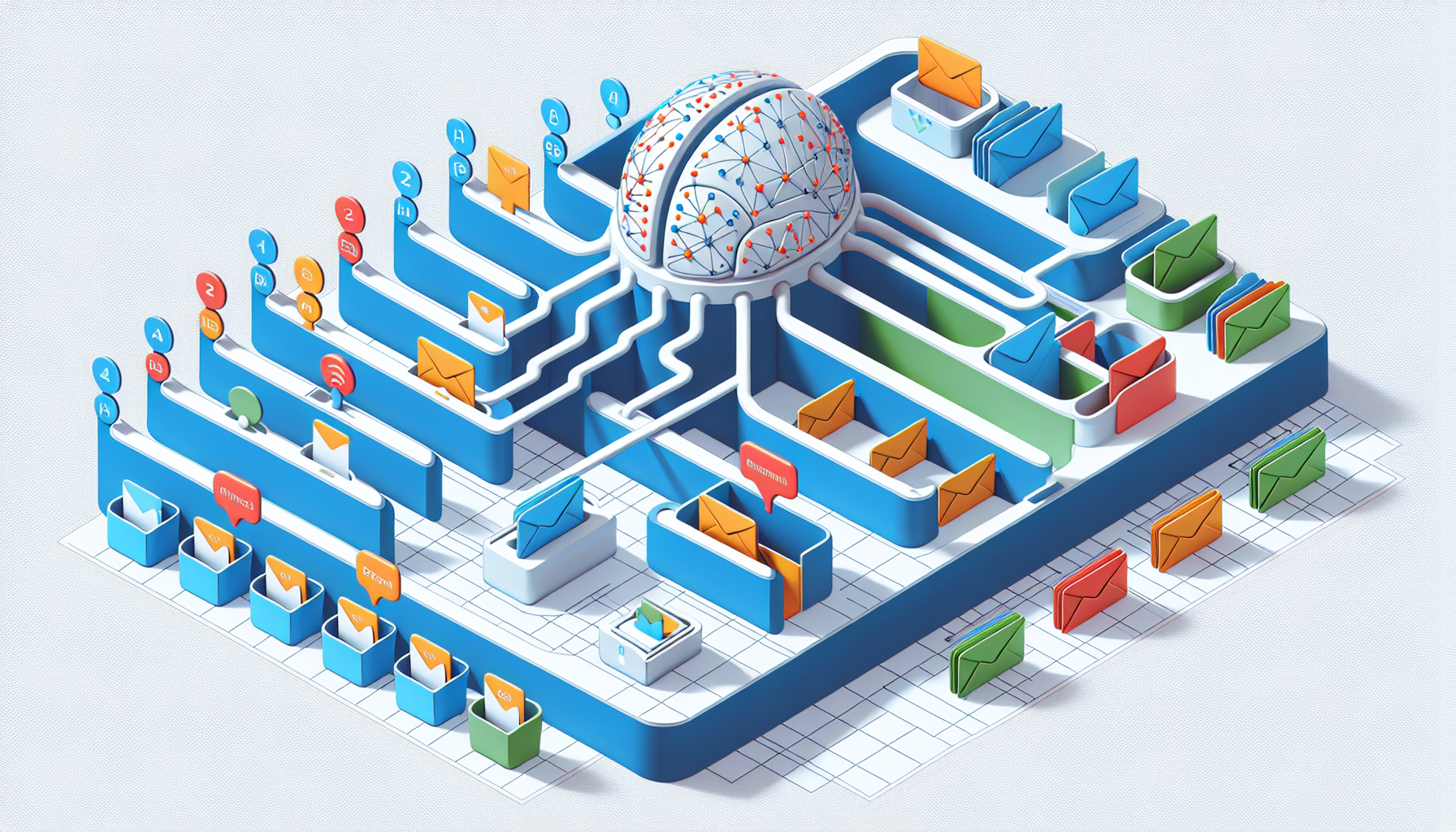 이메일 자동 분류 AI 시스템 파이프라인 - 수신 이메일이 AI를 통해 카테고리별로 분류되는 과정 일러스트