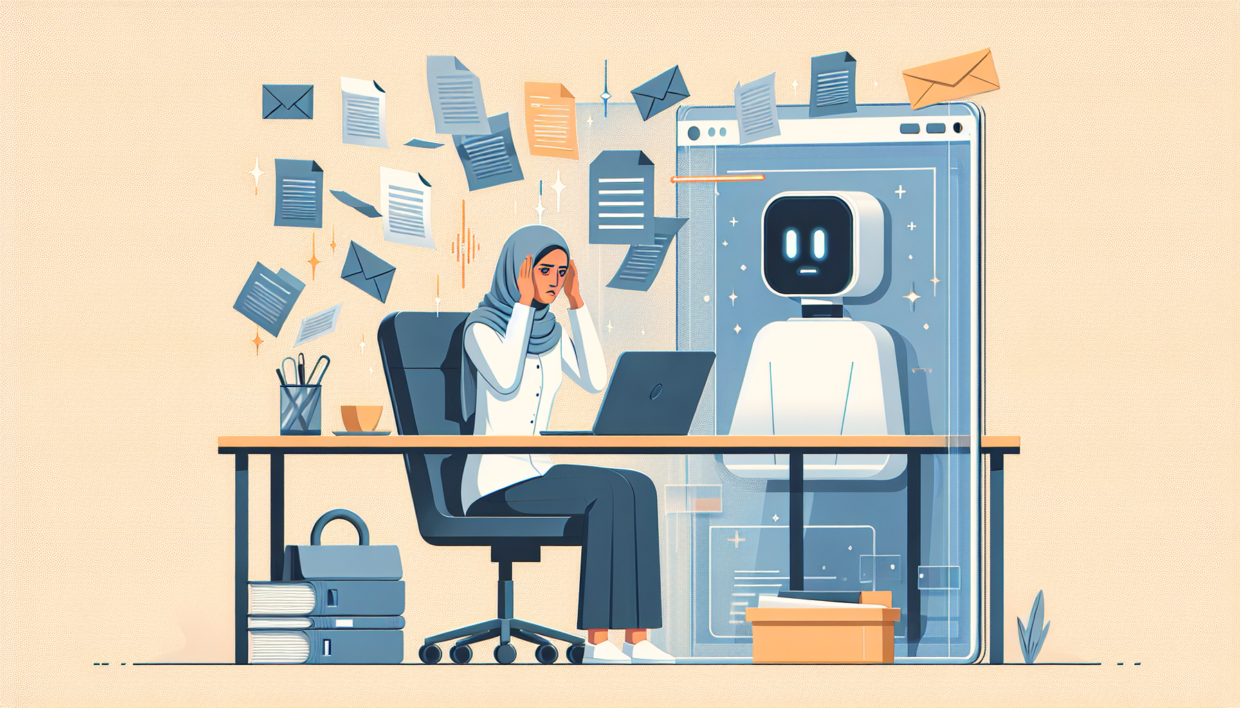 AI 비서가 파일 시스템에 접근하지 못해 사용자가 수동으로 파일을 전달해야 하는 불편함을 표현한 일러스트