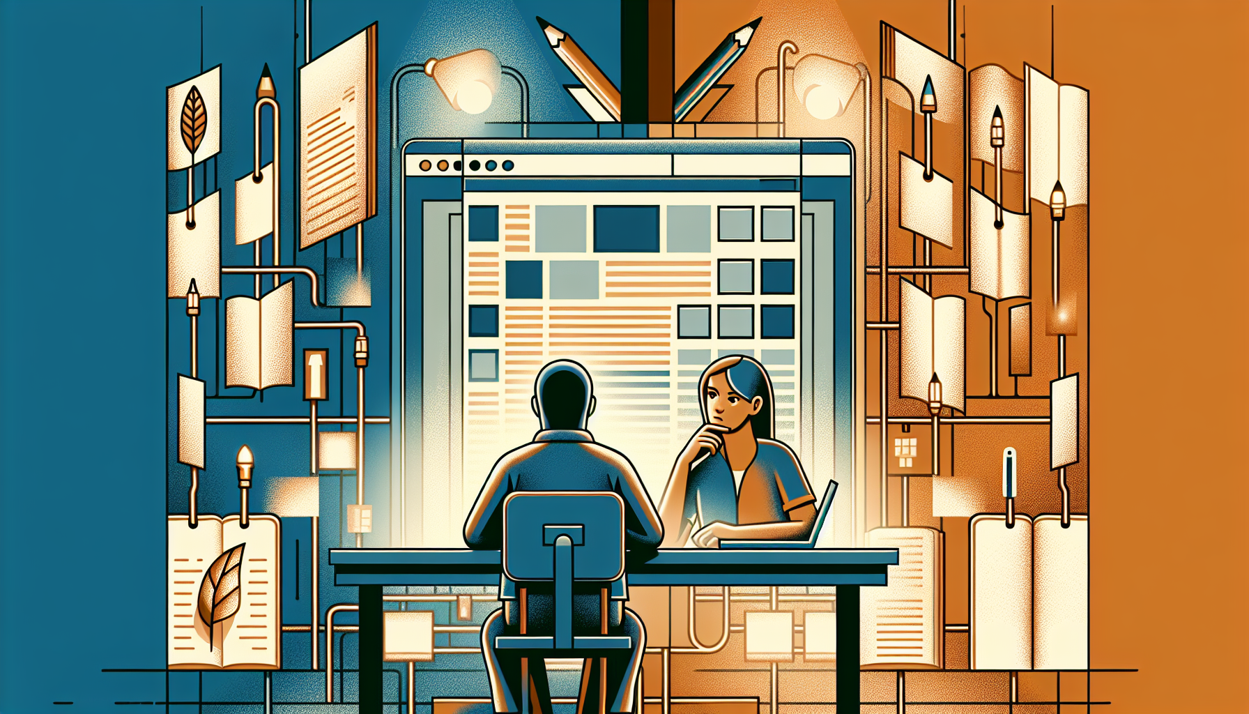 AI 생성 글에 피로감을 느끼는 독자와 기계적 텍스트의 대비를 표현한 일러스트