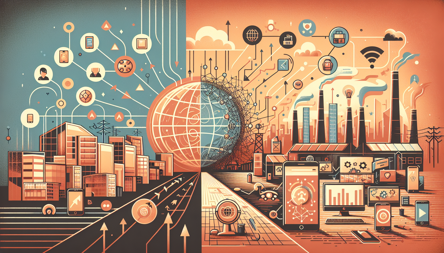 과거 기술혁명과 AI 혁명의 차이를 보여주는 비교 일러스트 - 인터넷과 스마트폰은 새로운 시장을 창출했지만 AI는 기존 업무 방식 자체를 재정의함