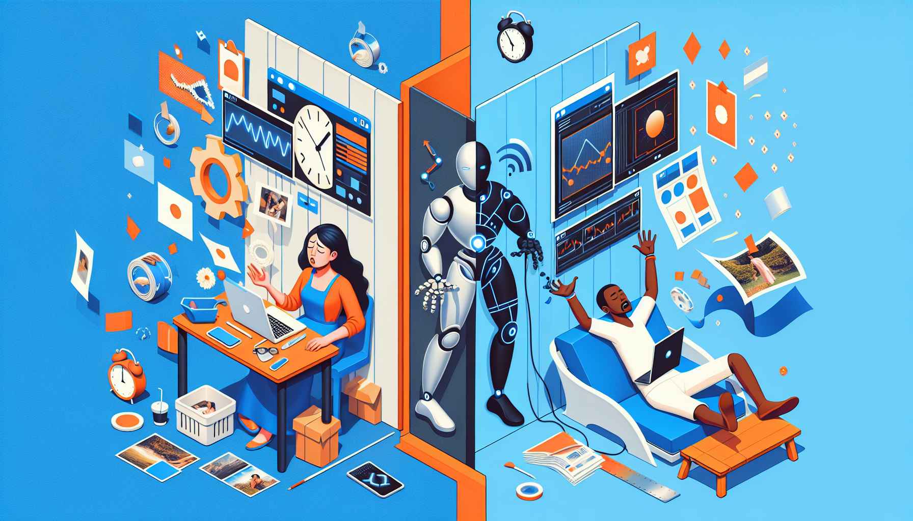 수동 이미지 작업과 AI 자동화의 시간 효율성 비교 일러스트