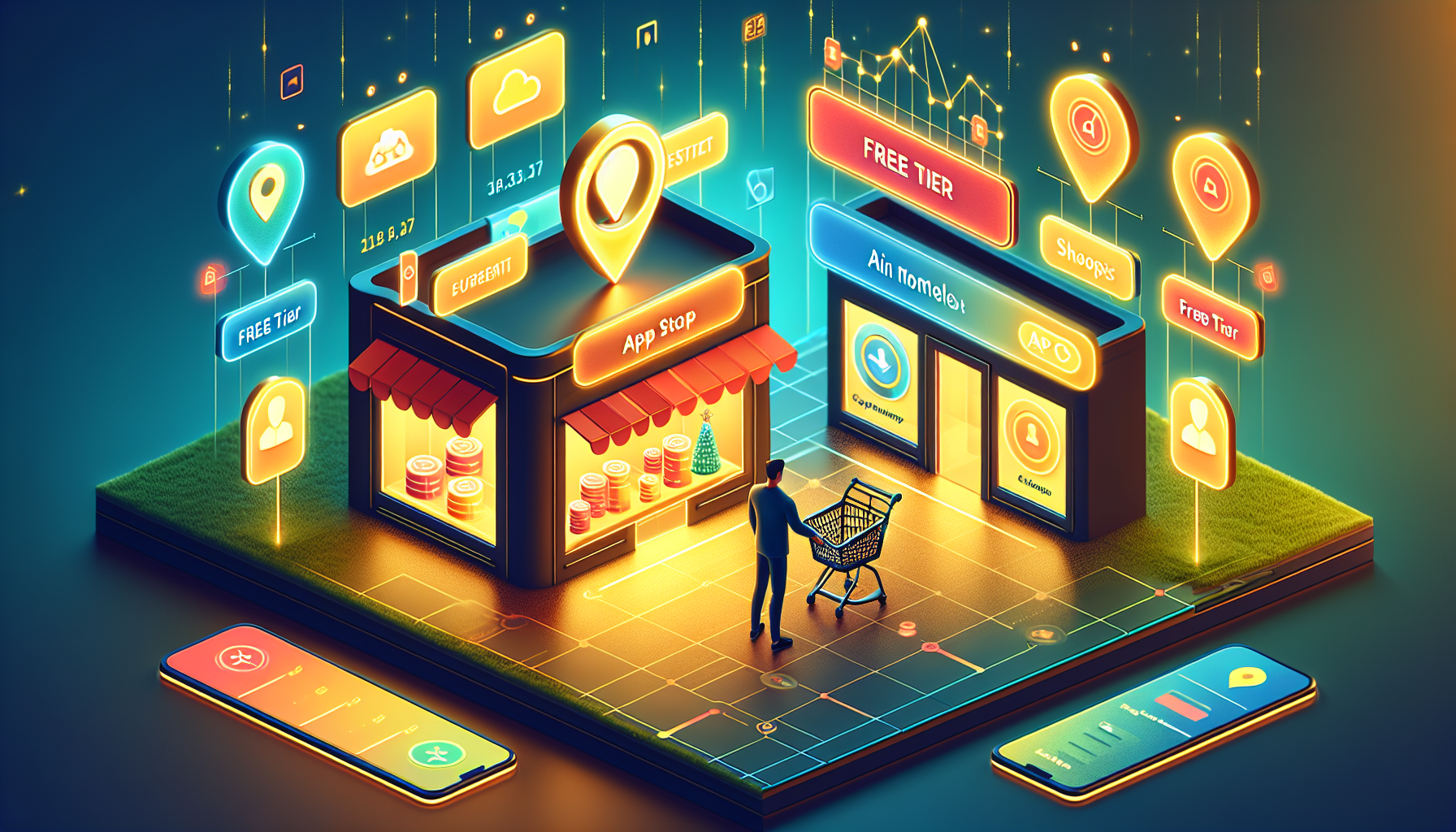 API 마켓플레이스에서 무료로 AI 이미지 도구를 선택하는 과정을 표현한 일러스트