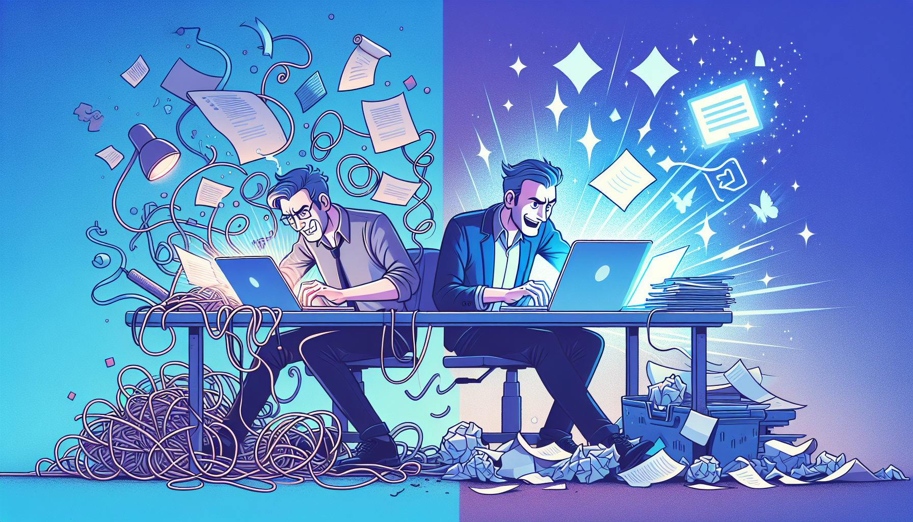 AI 이미지 생성 전후 비교 - 복잡한 디자인 작업에서 간단한 텍스트 프롬프트로 전환하는 직장인 일러스트