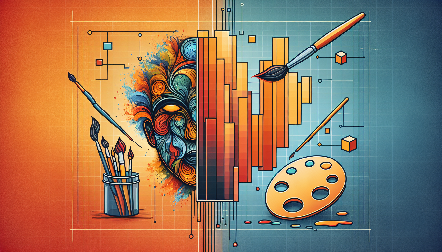 AI 이미지 생성의 한계 - 예술적 이미지 생성과 논리적 데이터 시각화 사이의 간극을 표현한 일러스트