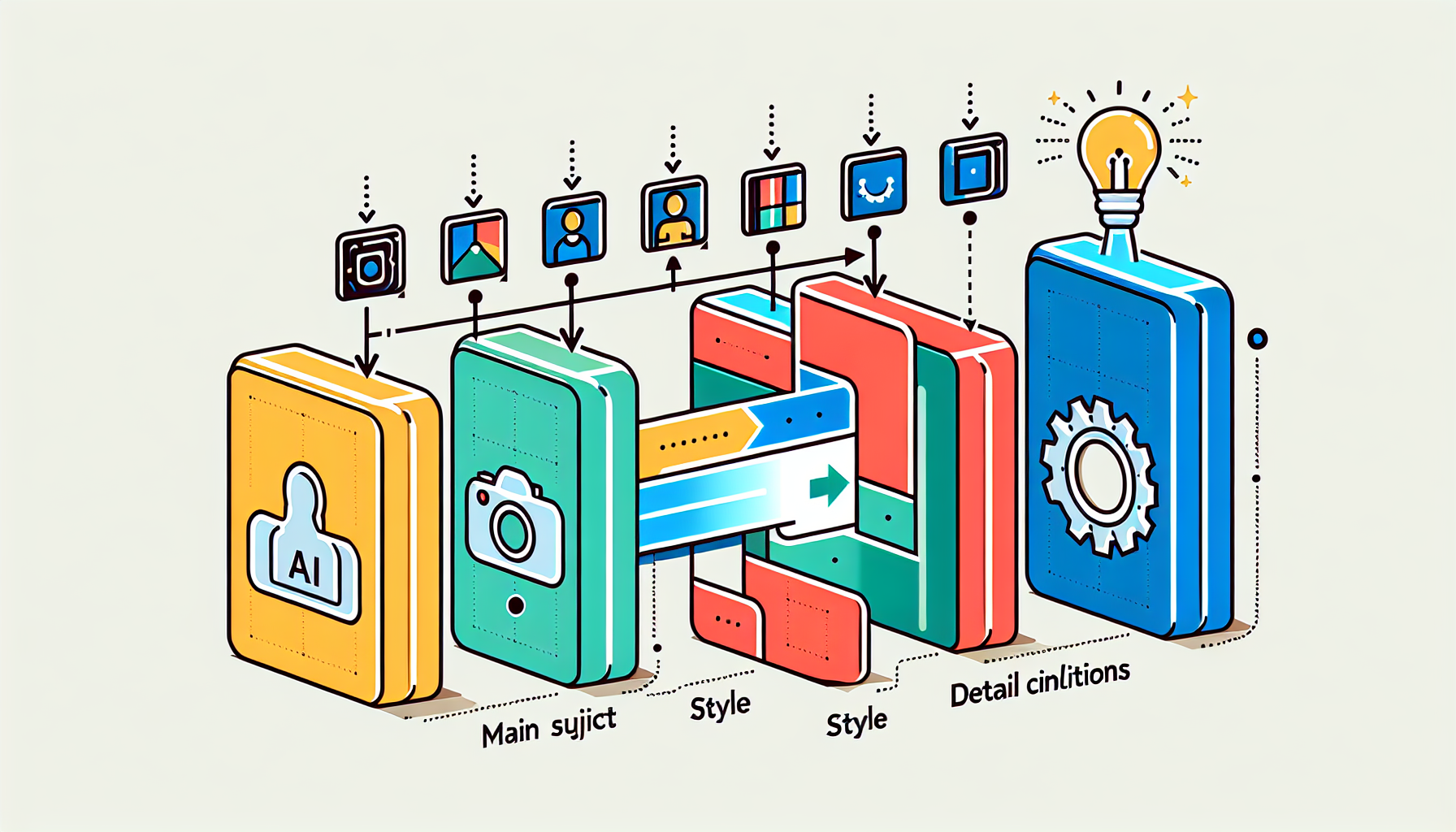 AI 프롬프트 작성 구조 - 이미지 유형, 피사체, 스타일, 세부 조건의 4가지 구성 요소를 보여주는 실전 가이드 일러스트