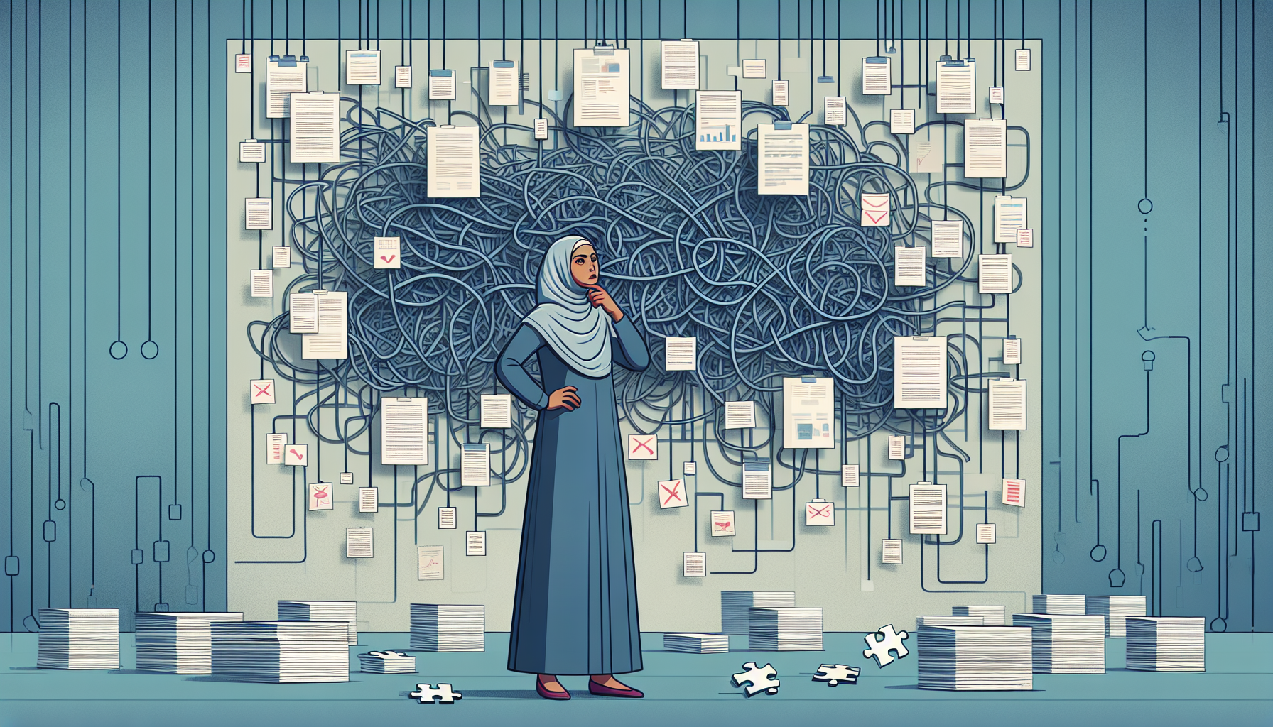 복잡한 프로젝트 관리 도구 앞에서 막막함을 느끼는 사용자를 표현한 일러스트