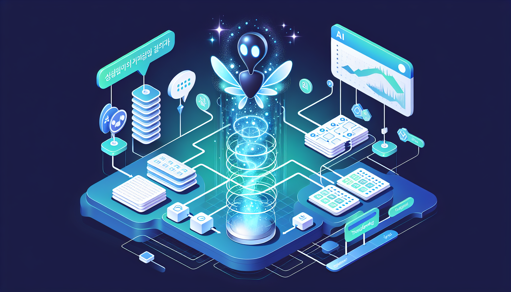 음성 명령으로 프로젝트 관리 템플릿이 자동 생성되는 과정을 시각화한 일러스트