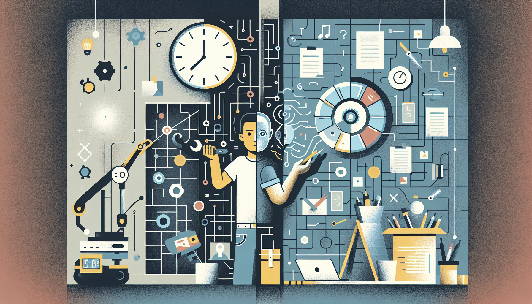 전통적 프로젝트 관리 방식과 AI 에이전트 활용 방식의 효율성 비교 일러스트