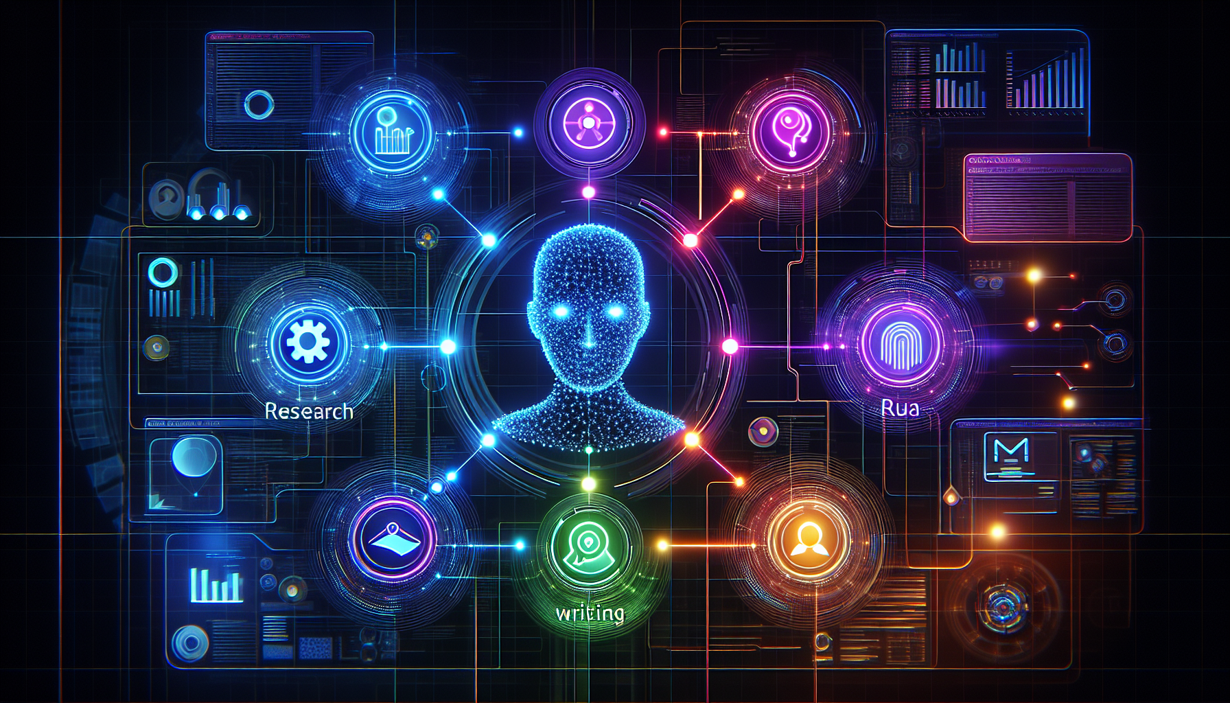 미래의 AI 에이전트 협업 시스템과 자동화 워크플로우를 표현한 미래지향적 일러스트