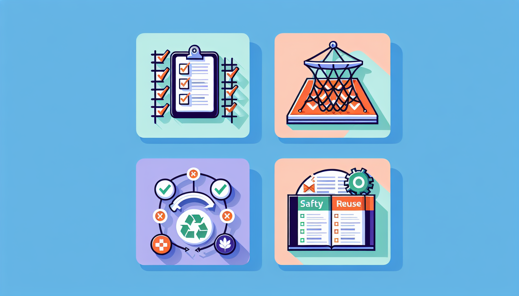 업무 자동화 실무 핵심 팁 4가지를 표현한 그리드 아이콘 일러스트