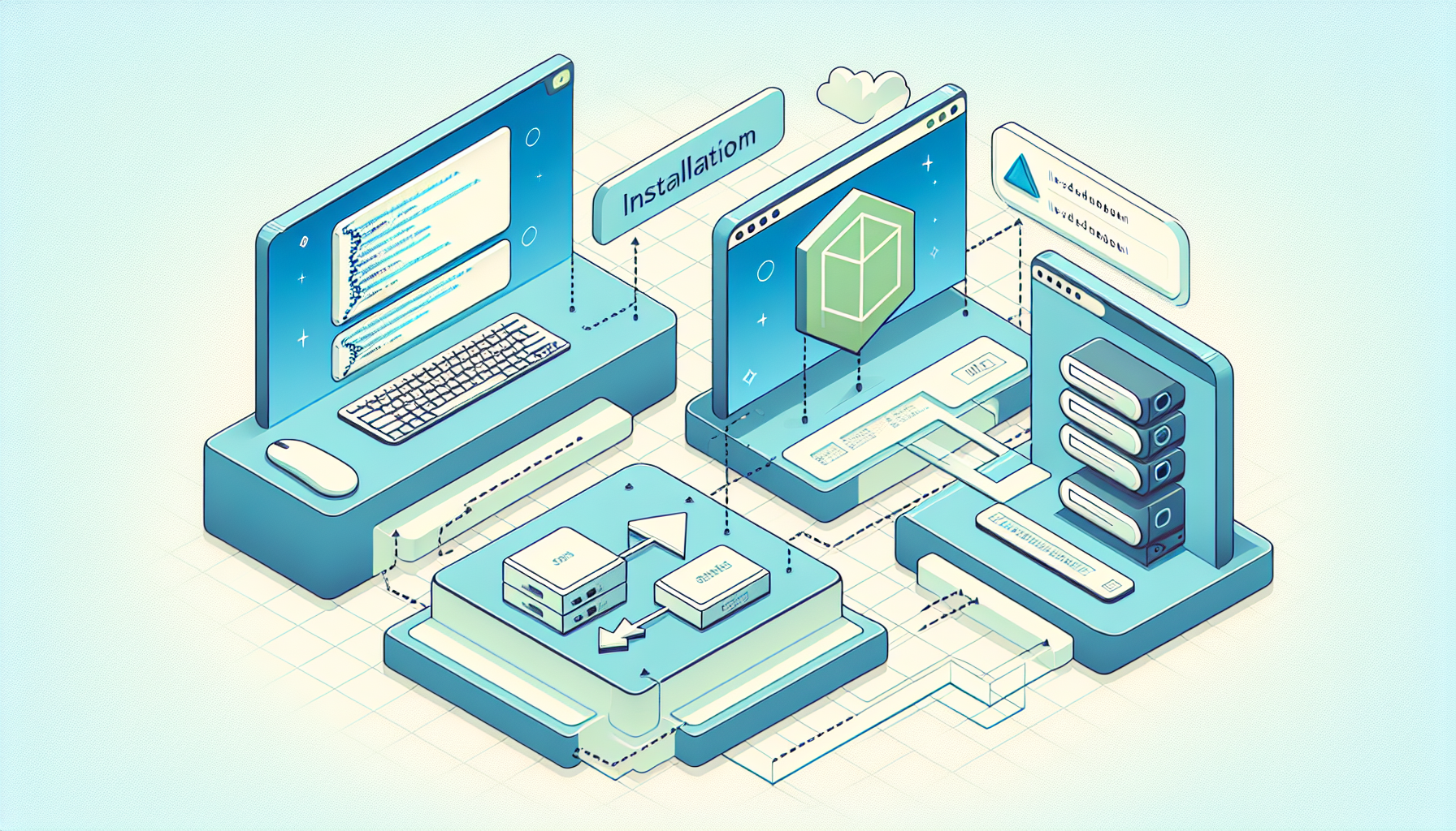 VS Code, Node.js 설치 단계를 보여주는 아이소메트릭 개발 환경 설정 일러스트