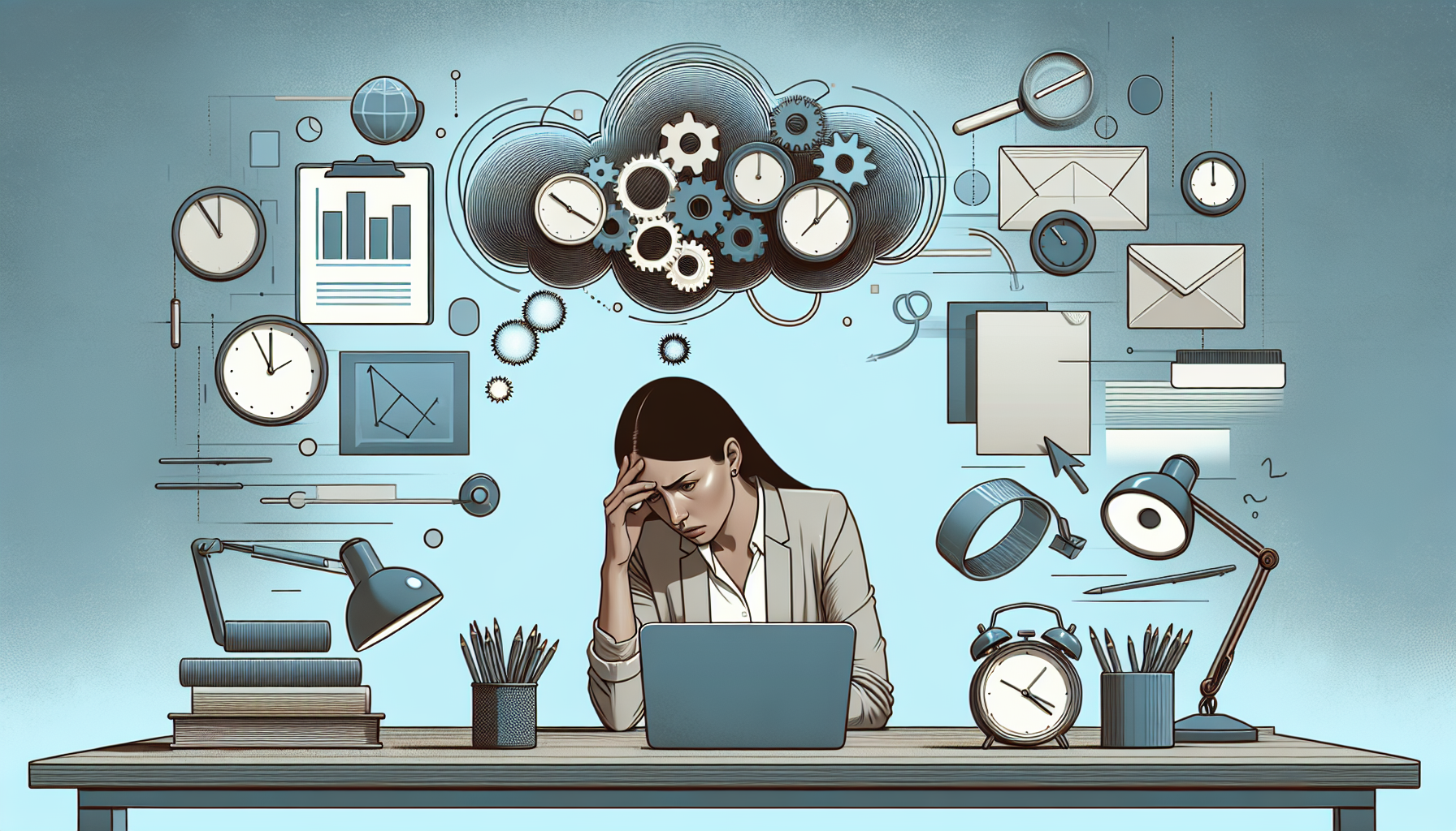 디자인 작업 시간 부족으로 스트레스 받는 직장인을 표현한 일러스트