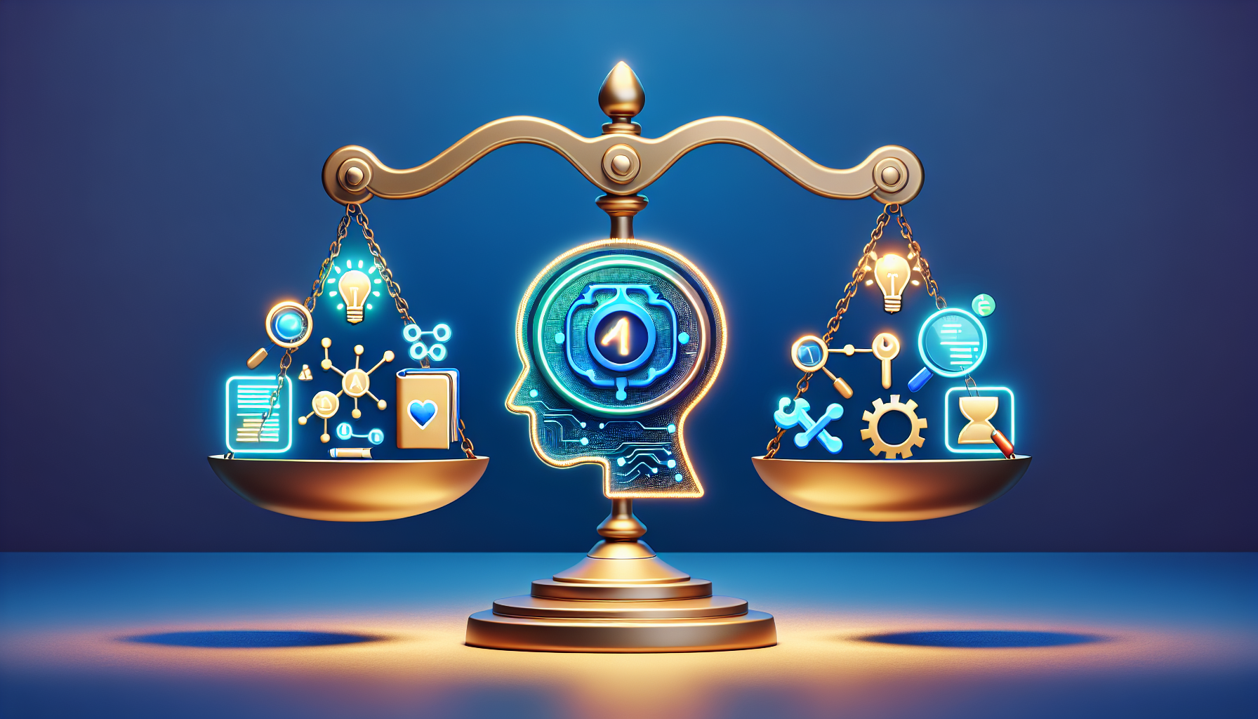 AI 검색 엔진의 장점과 사용자가 지켜야 할 원칙을 나타내는 균형 저울 일러스트
