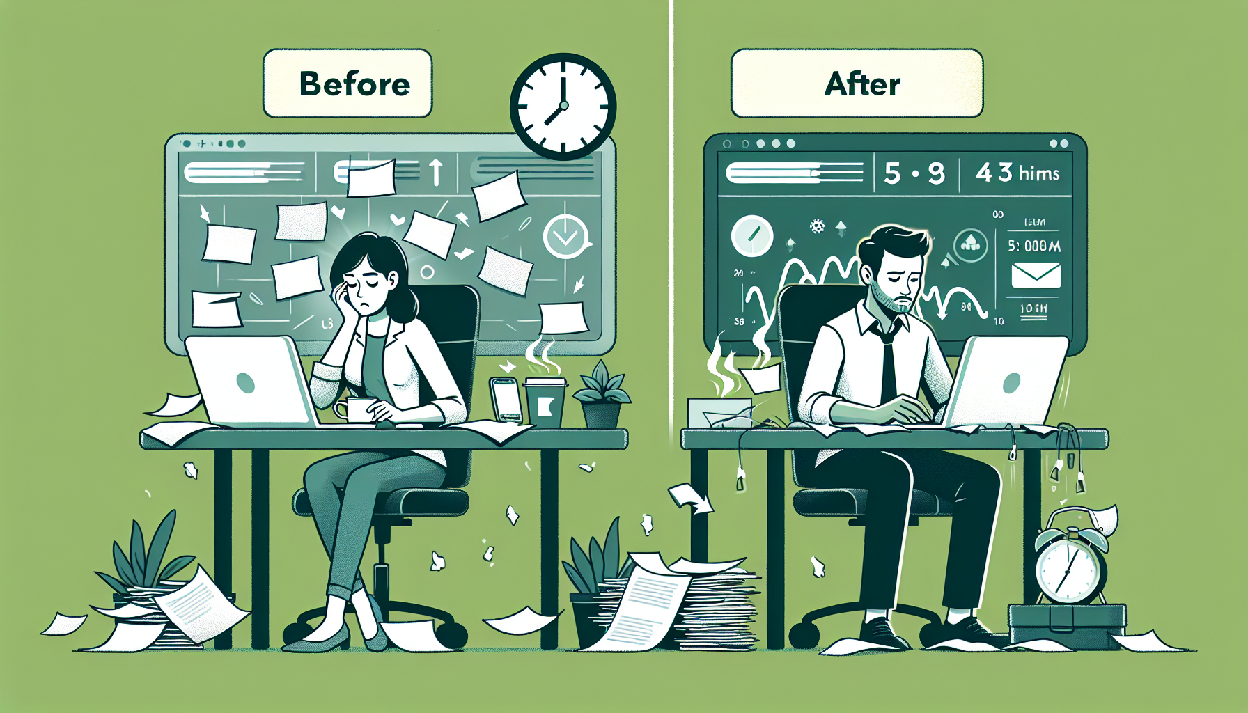 마케팅 리포트 자동화 적용 전후의 업무 효율성 변화를 보여주는 시나리오 비교