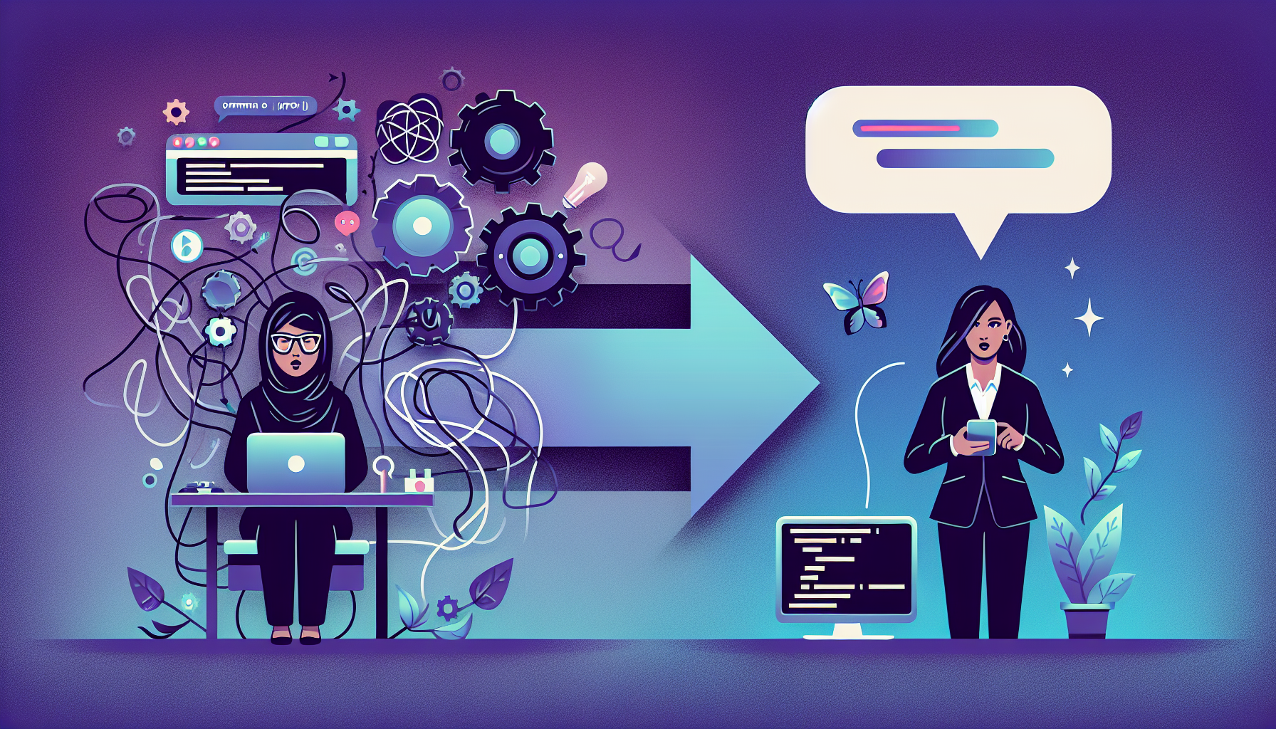 전통적 수동 설정 방식에서 AI 자연어 자동화 방식으로의 패러다임 전환을 보여주는 일러스트