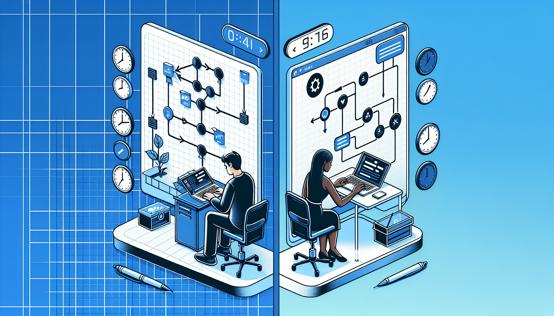 전통적 워크플로우 수동 설정 방식과 AI 기반 자동 생성 방식의 소요 시간 비교 일러스트