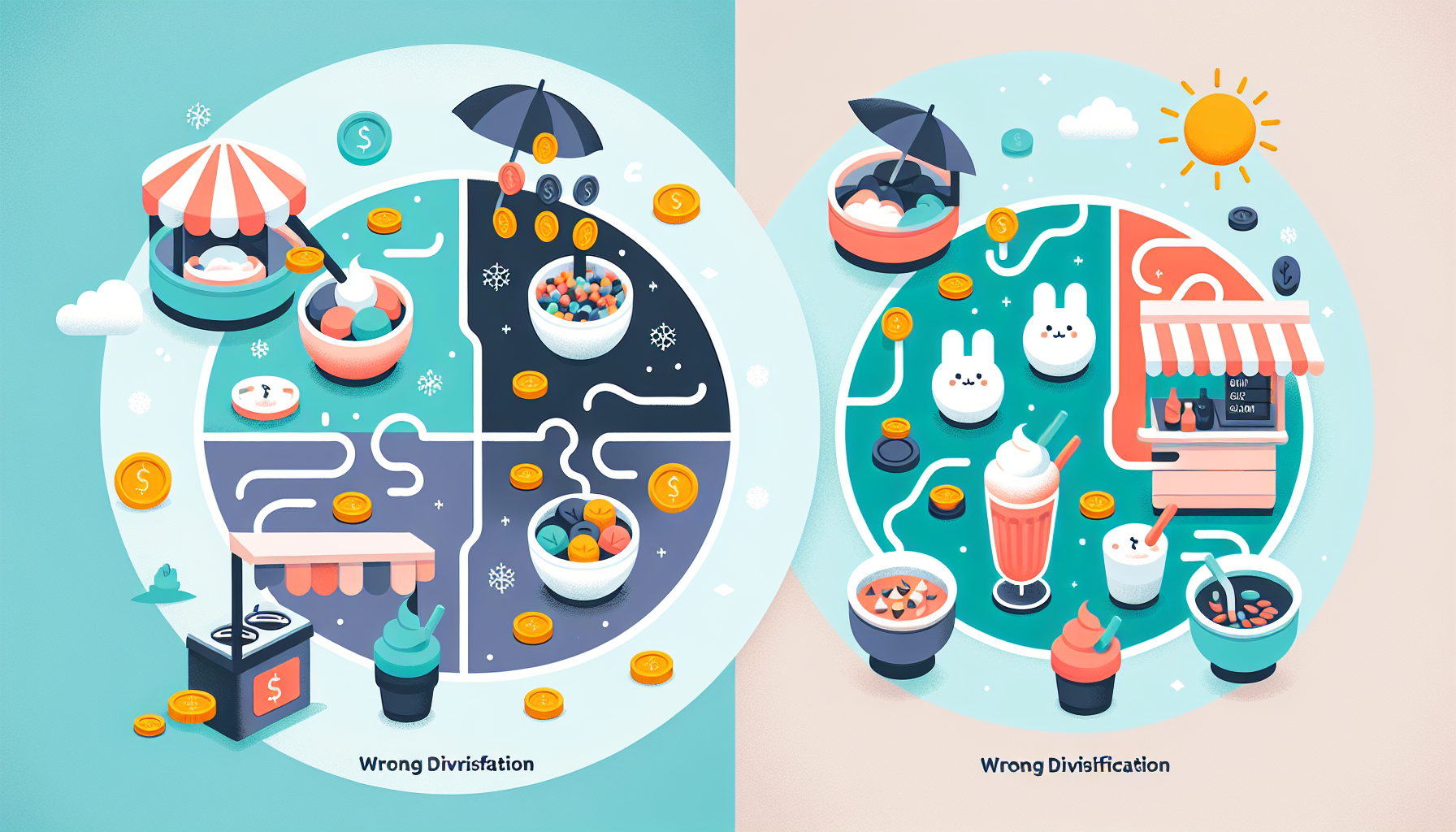 잘못된 분산투자와 올바른 분산투자 비교 일러스트 - 계절별 수익 안정화 개념