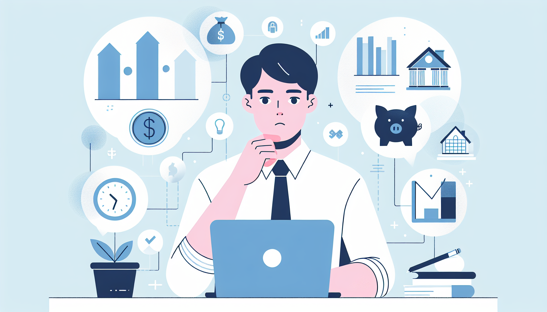 투자 공부 시작을 고민하는 직장인과 주식, 부동산, 연금, 펀드 등 다양한 투자 선택지 일러스트