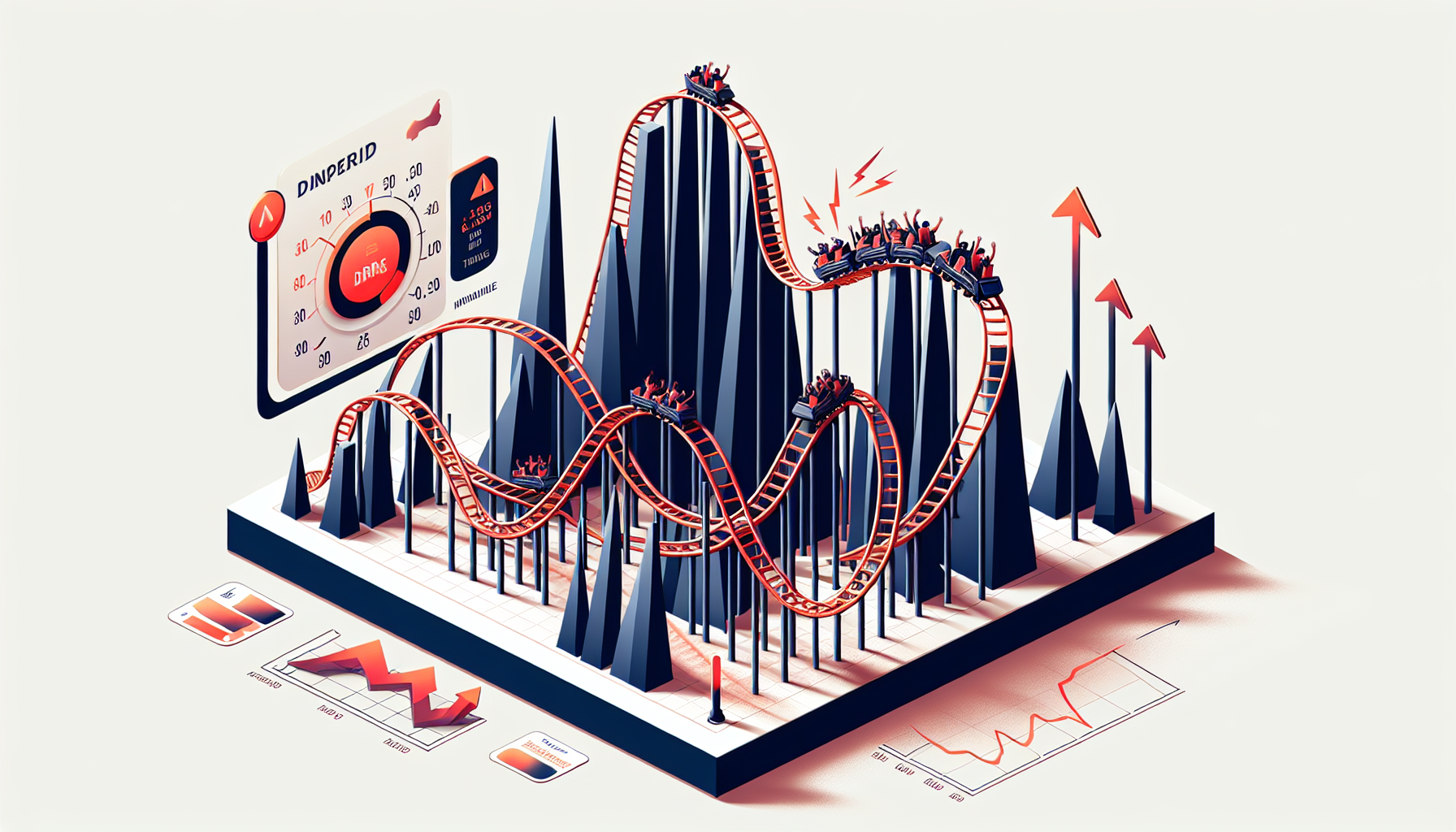 주식과 금의 고평가 위험성과 극심한 변동성을 표현한 롤러코스터 일러스트