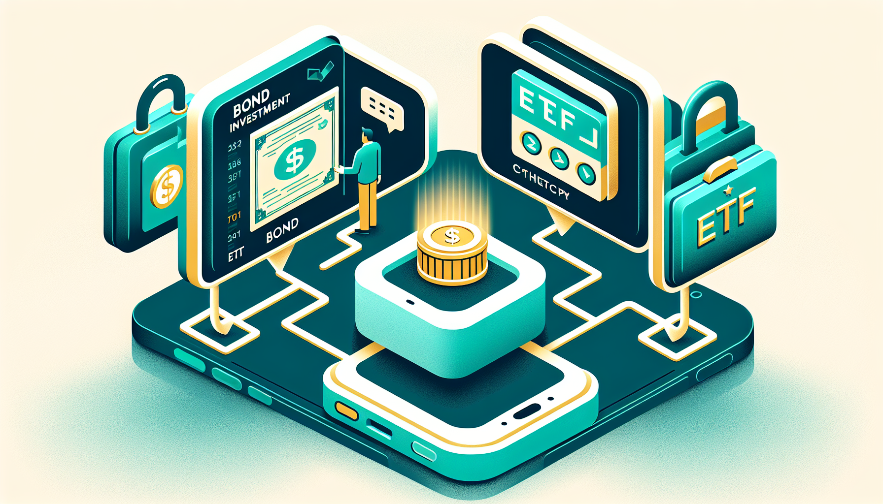 채권 직접 매수, ETF, 펀드 세 가지 투자 방법을 나타낸 아이소메트릭 일러스트