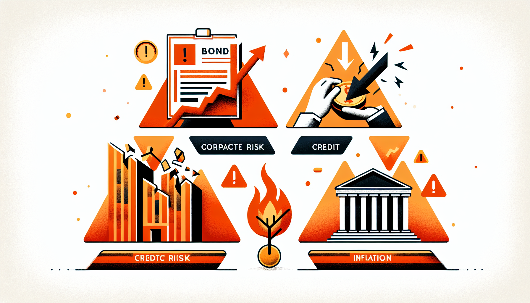 채권 투자의 금리 리스크, 신용 리스크, 인플레이션 리스크를 표현한 경고 아이콘 일러스트