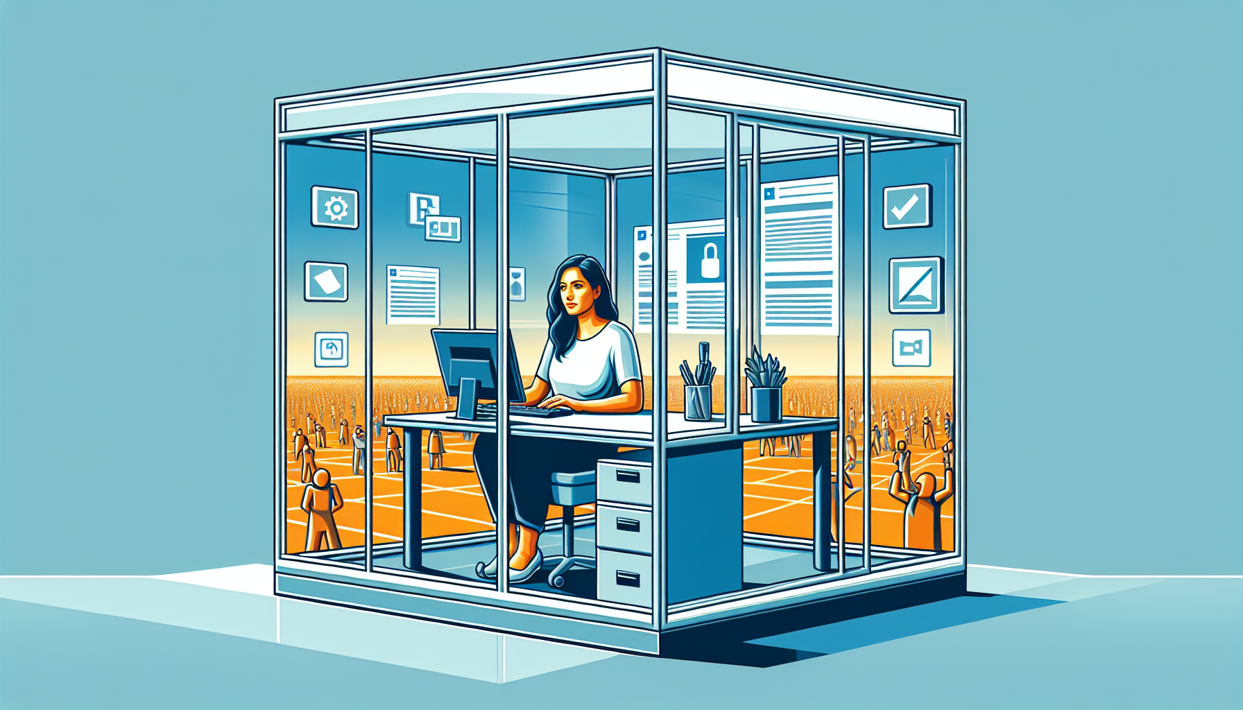 플랫폼 블로그 종속성을 표현한 일러스트 - 유리 상자 안의 블로거와 자유로운 외부 환경 비교