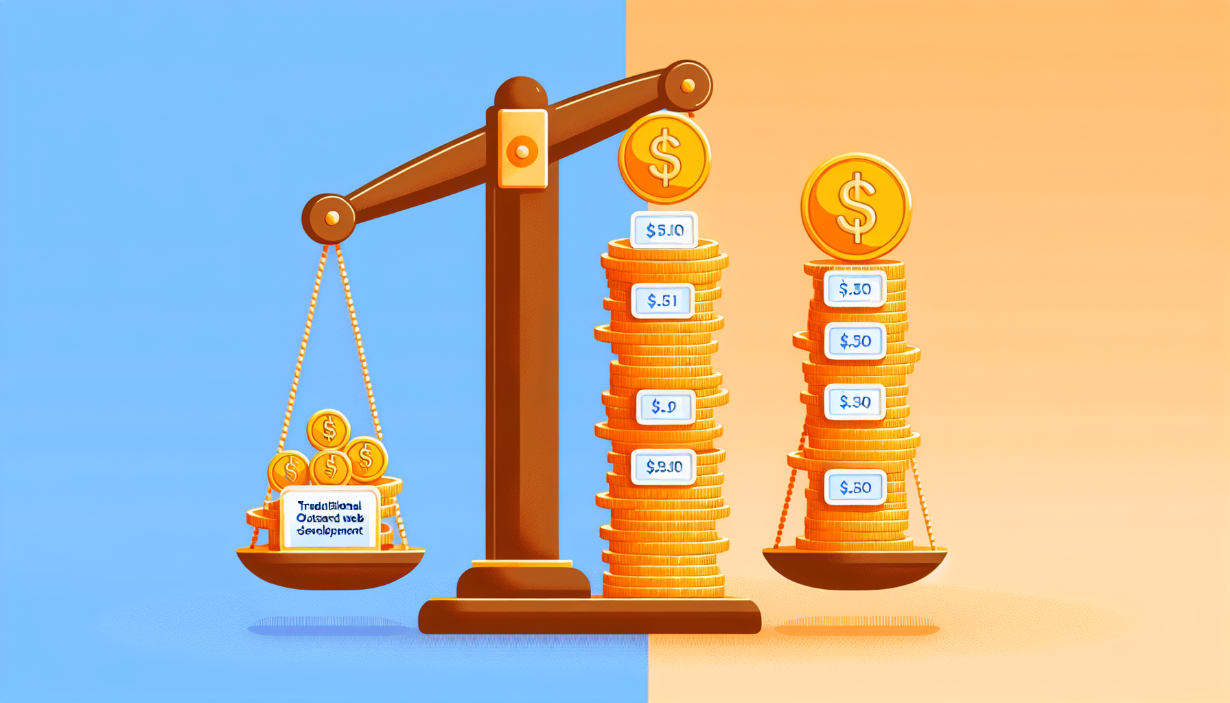 독립 블로그 비용 구조 비교 - AI 빌더 활용 비용과 외주 개발 비용 차이 일러스트