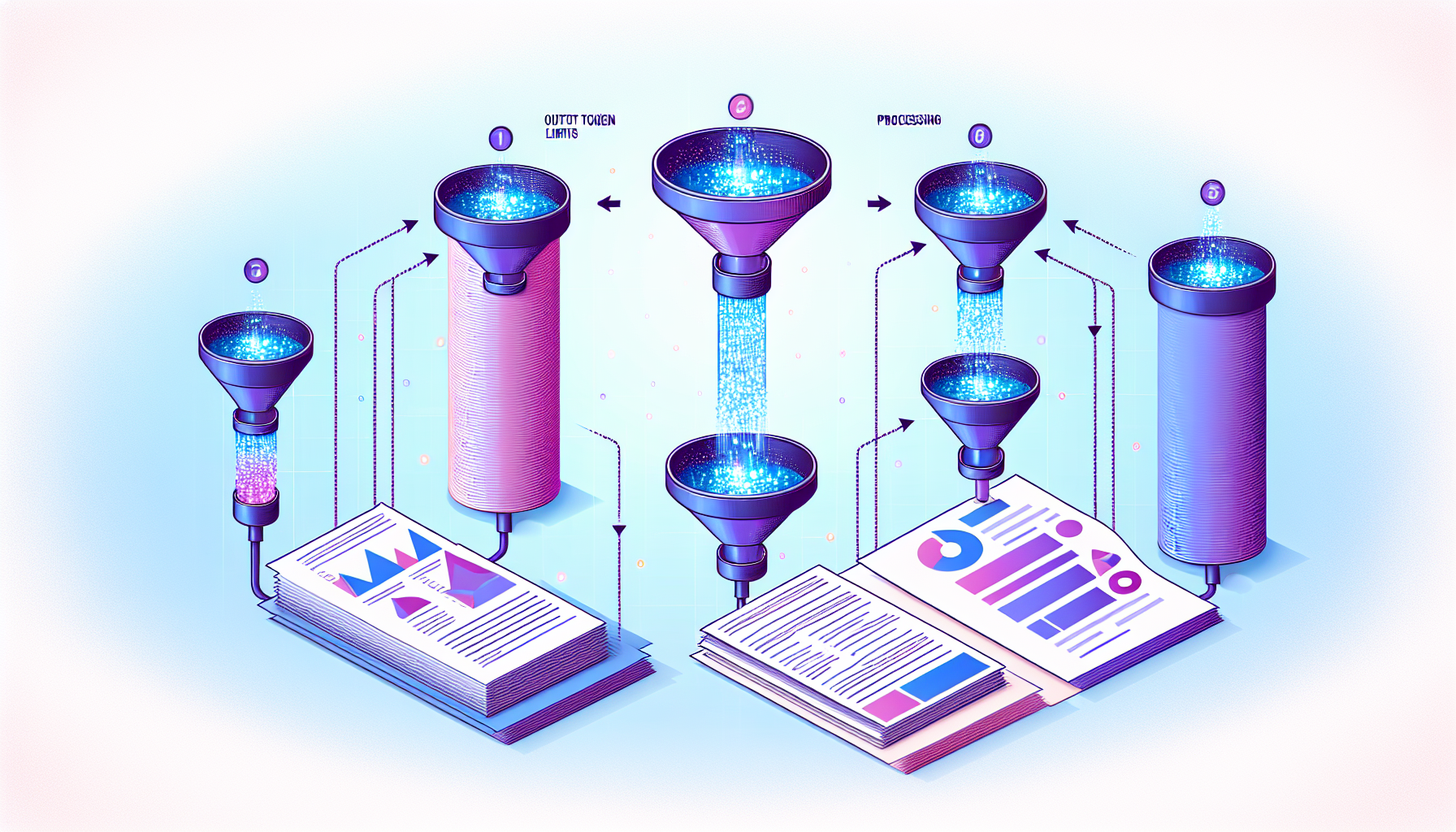 AI 아웃풋 토큰 한계와 5단계 분할 생성 방식 다이어그램