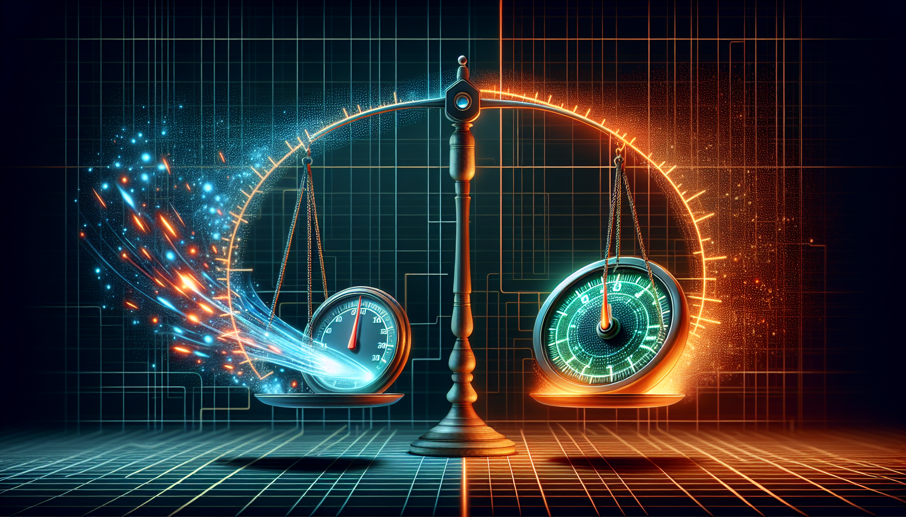 데이터 실시간성과 성능 사이의 균형을 나타내는 추상적 일러스트
