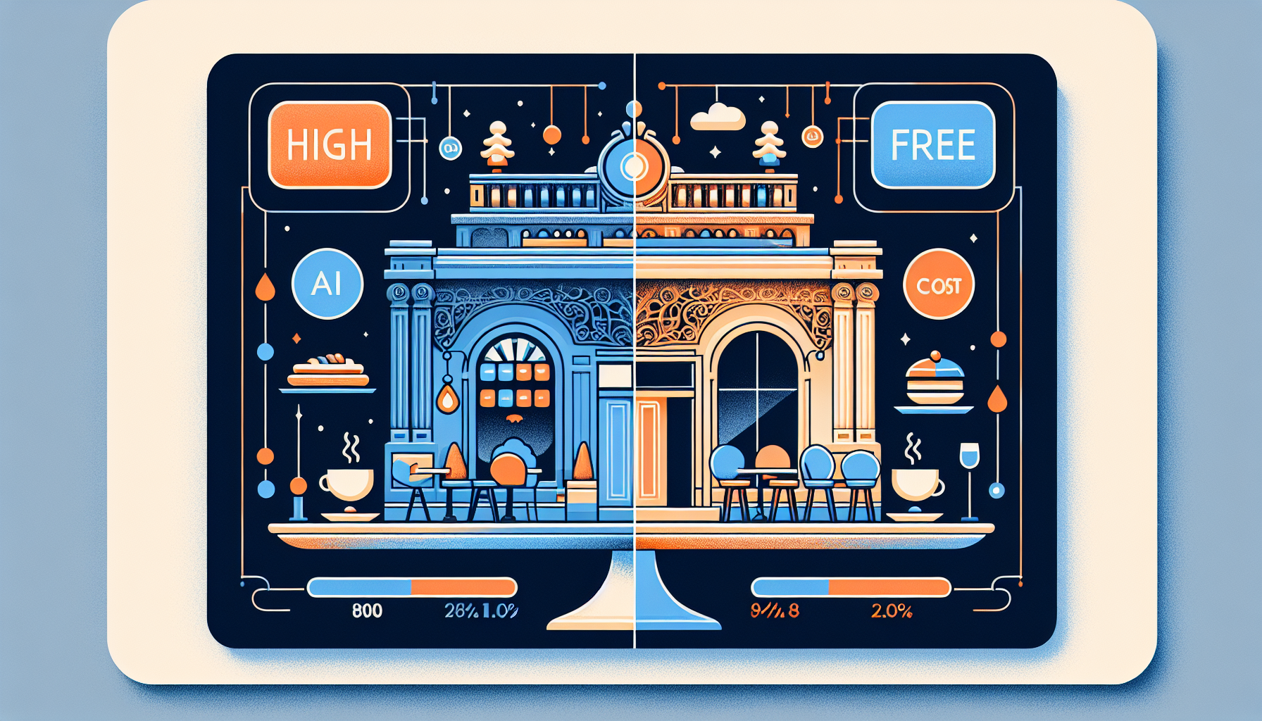 딥시크 R1과 ChatGPT o1 성능 비교를 미슐랭 레스토랑과 동네 백반집으로 비유한 일러스트