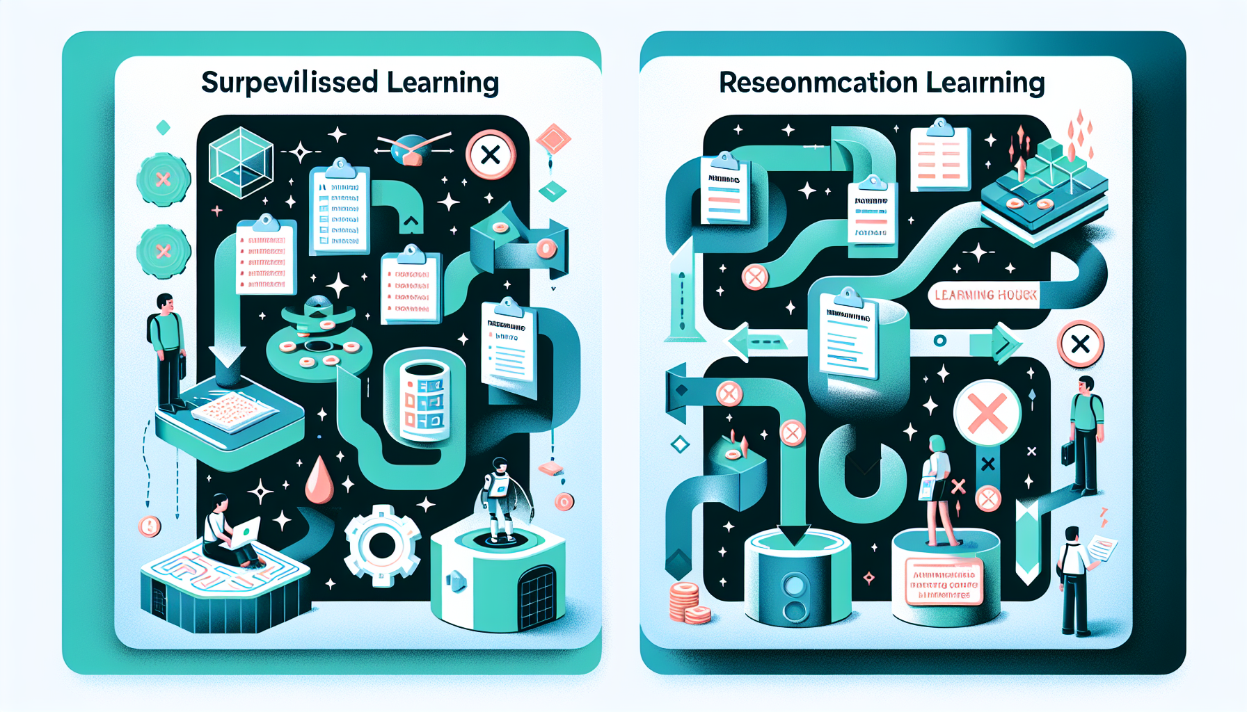 지도 학습과 강화 학습 방식의 차이를 보여주는 AI 훈련 방법 비교 다이어그램