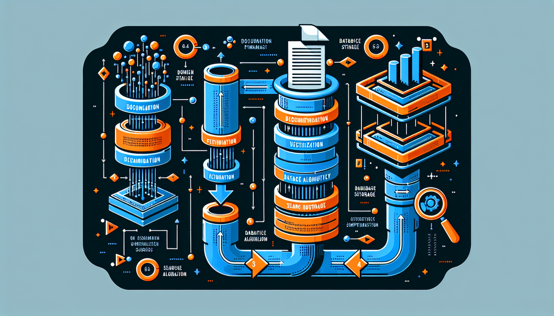 전통적인 RAG 시스템 구축의 4단계 프로세스 - 문서 분할, 벡터화, 데이터베이스 저장, 검색 알고리즘을 보여주는 기술 다이어그램