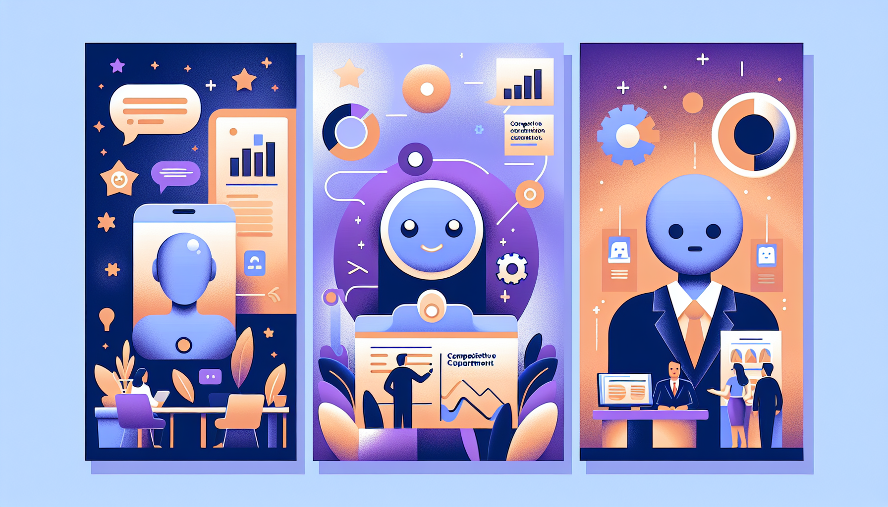 RAG 시스템의 실무 적용 사례 - 고객 지원, HR 관리, 영업팀에서의 활용 시나리오를 보여주는 일러스트