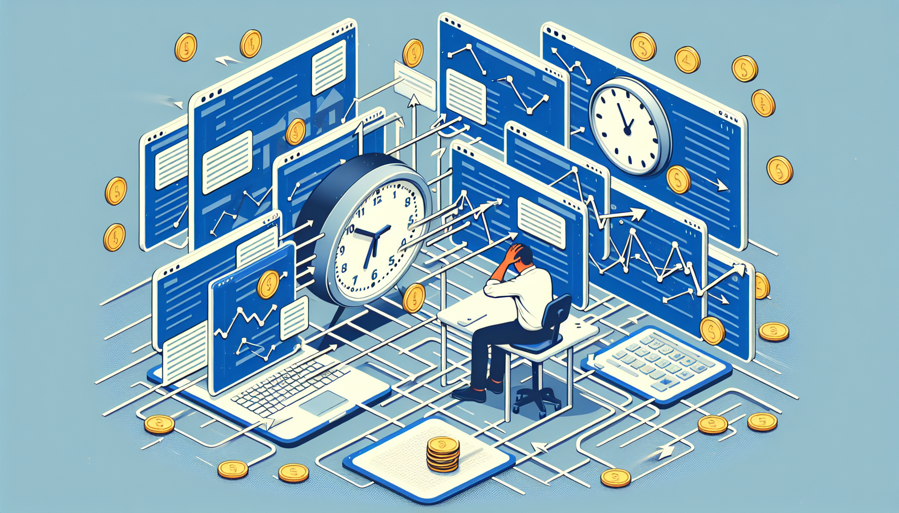 반복적인 스프레드시트 작업으로 시간을 낭비하는 직장인 일러스트