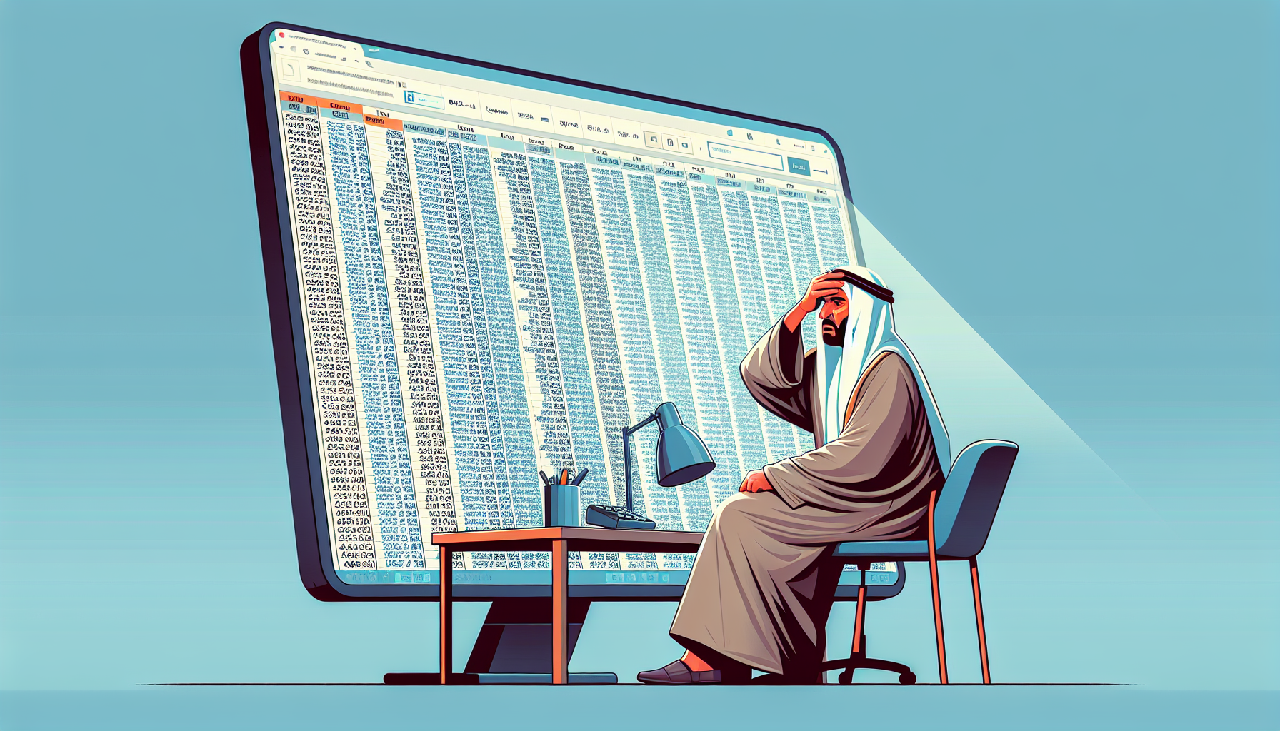 스프레드시트 데이터 과부하로 혼란스러워하는 직장인 일러스트